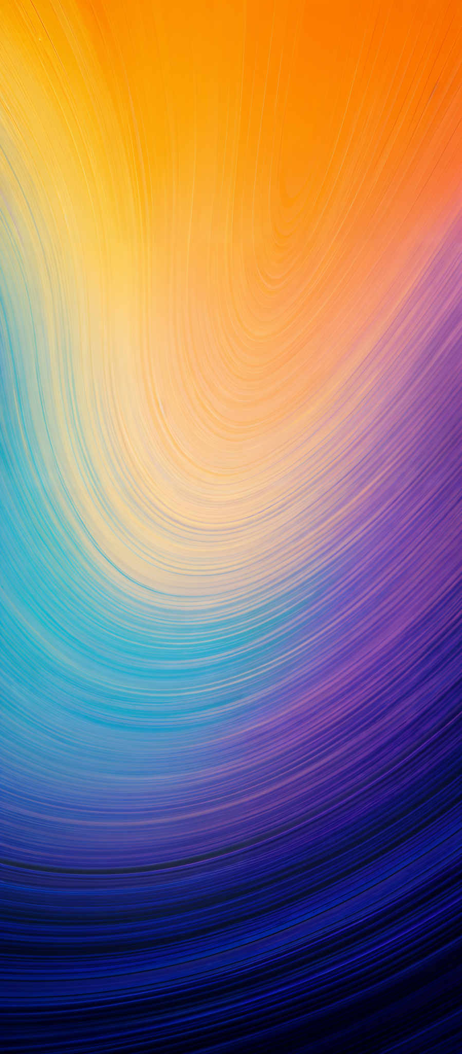 The image showcases a vibrant and dynamic swirl of colors. It starts with a bright yellow at the top, transitioning into a warm orange, then into a cool blue, and finally into a deep purple at the bottom. The swirls are fluid and flow seamlessly, creating a sense of movement and flow. The overall effect is reminiscent of a colorful vortex or a fluid dynamics experiment.