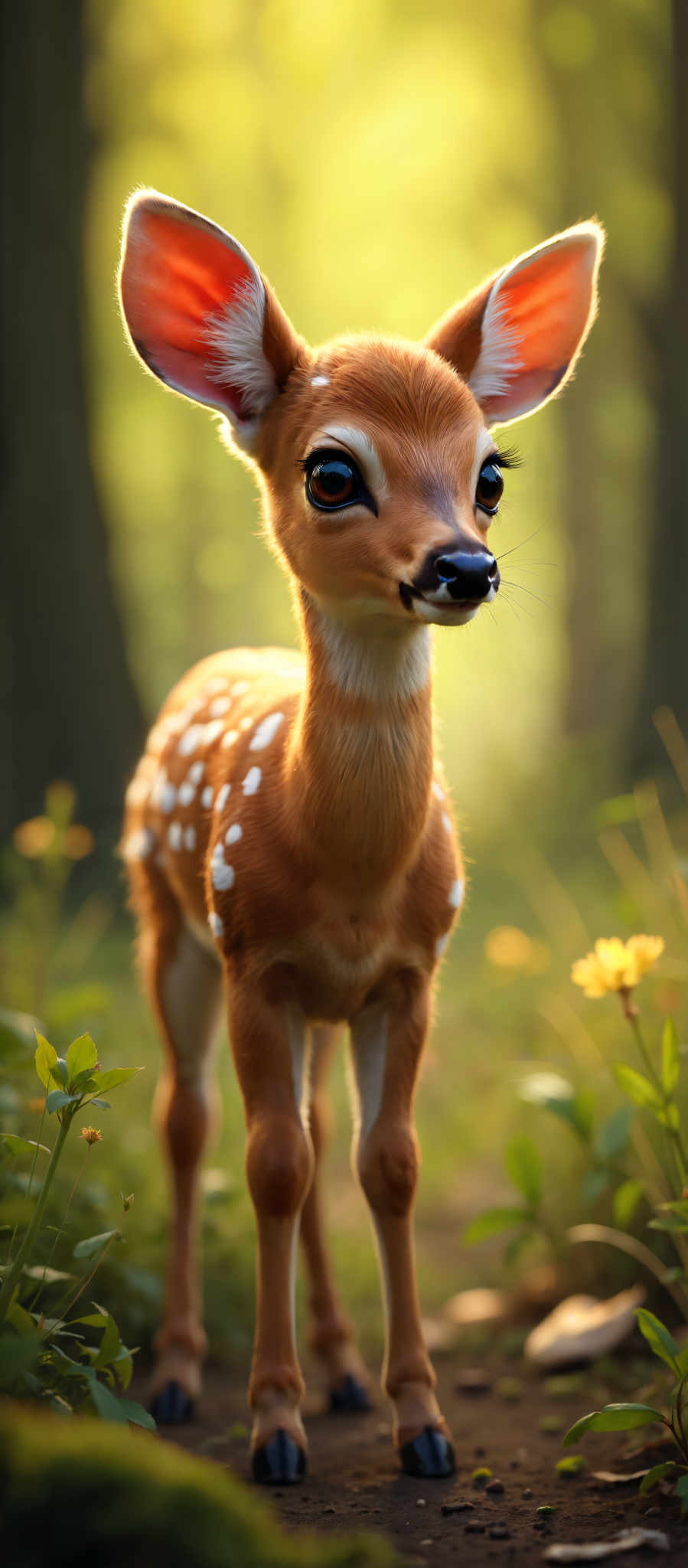 A young deer with a brown coat and white spots stands in a field of yellow flowers. The deer's eyes are wide open and it is looking directly at the camera. The background is filled with trees and sunlight.