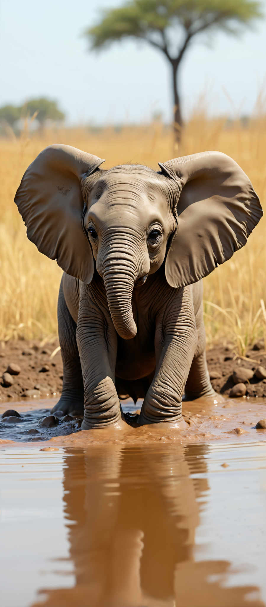 A young elephant standing in a muddy watering hole.