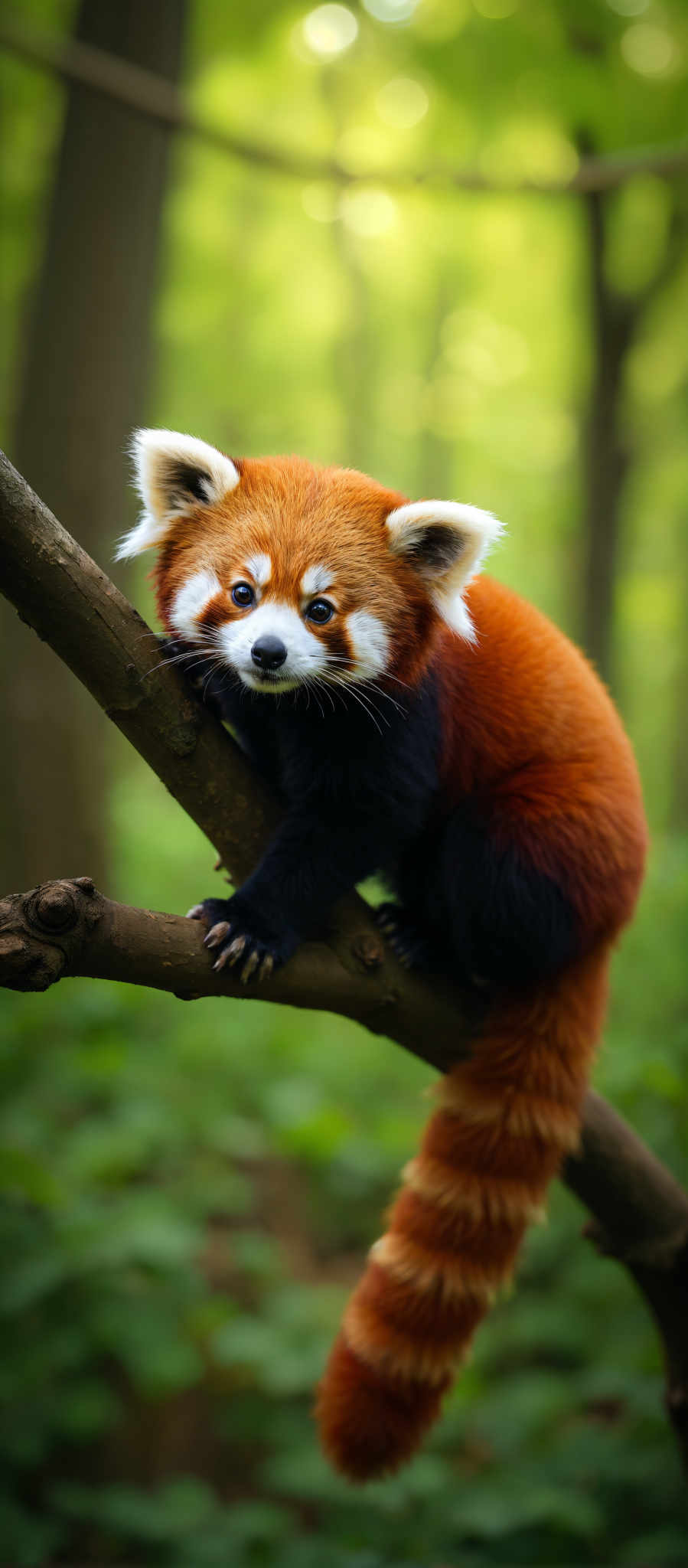 A red and white fox is sitting on a tree branch.