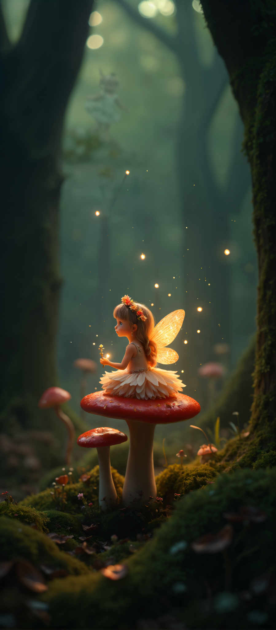 A fairy with a flower crown sits on a mushroom in a forest.