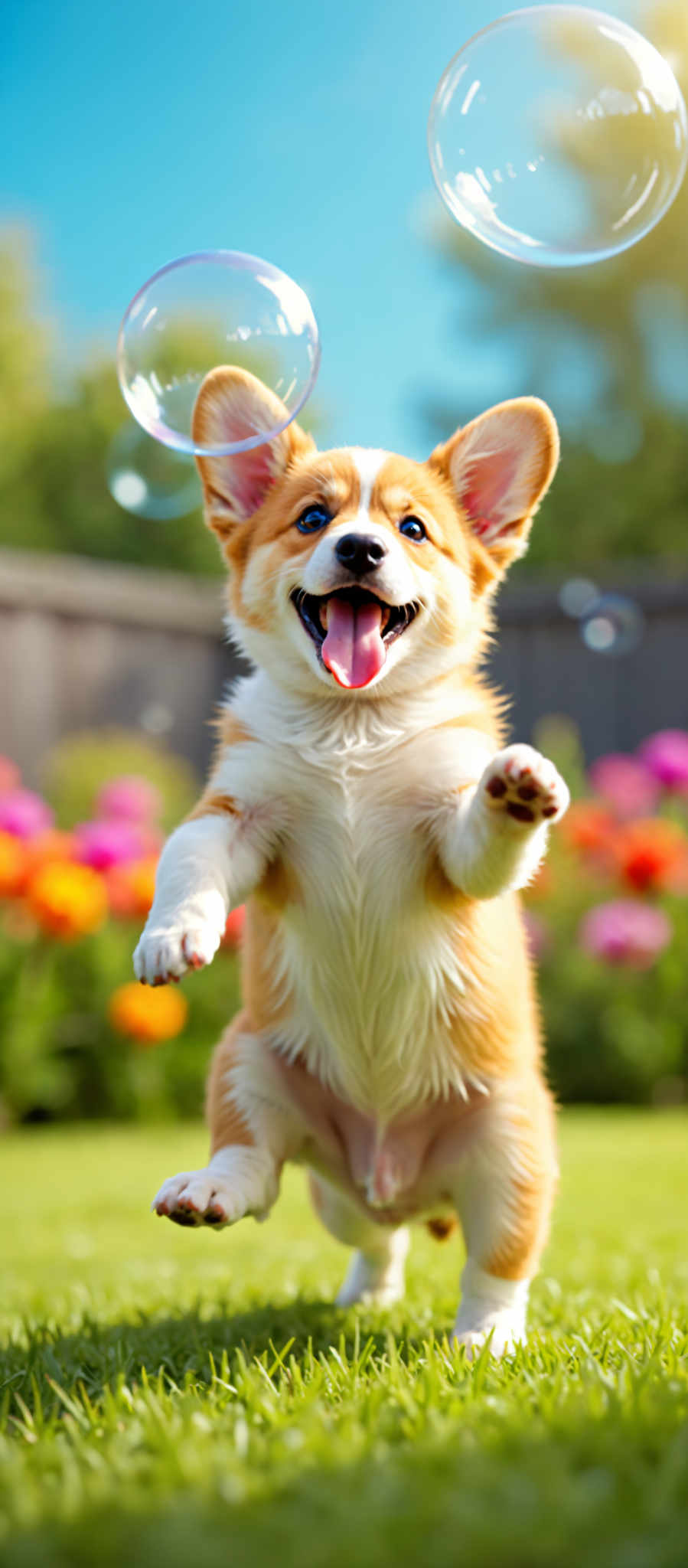 A small corgi dog with a pink tongue and blue eyes.