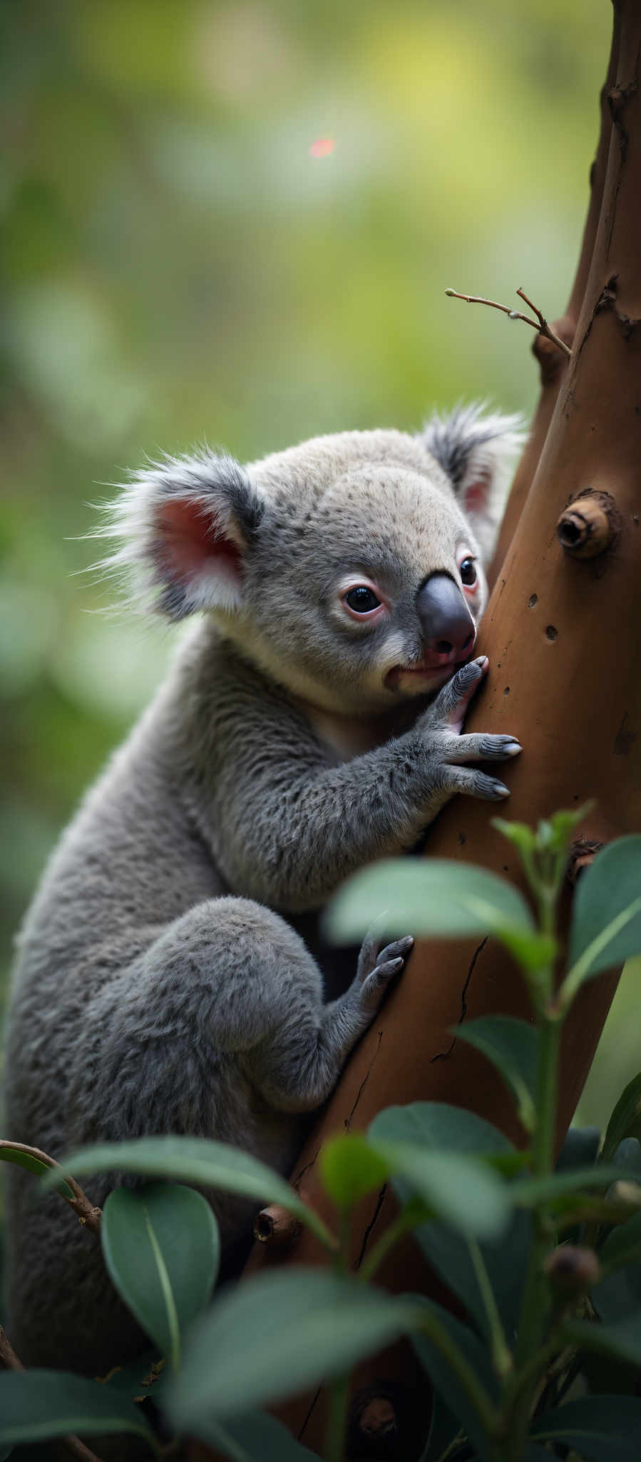 A koala bear is seen hugging a tree trunk. The koala is gray and white in color. It has a pink nose and black eyes. The tree trunk is brown and has a few holes in it. The background is green and blurry. The image does not contain any text.