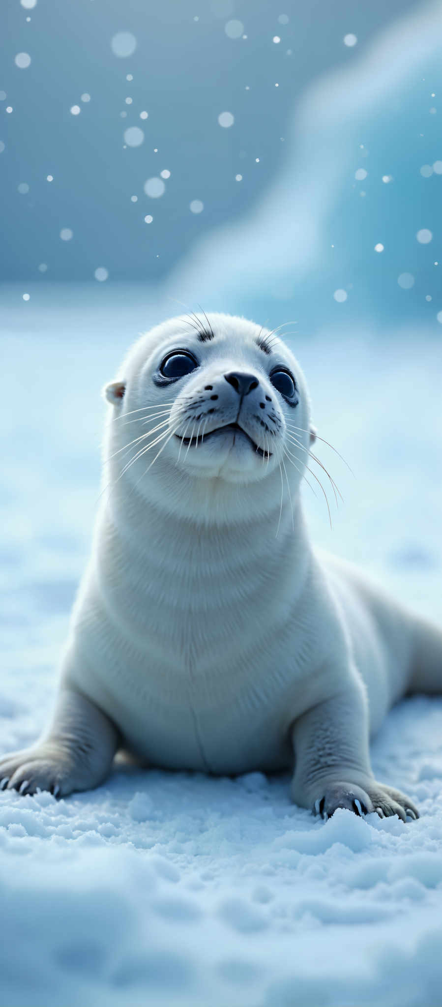 A white seal with black whiskers and a black nose is sitting in the snow.