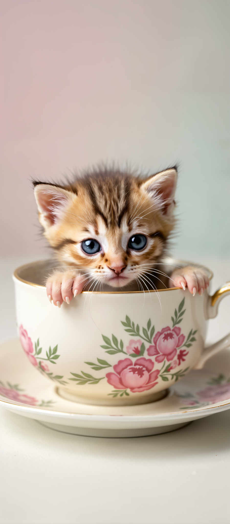 A small kitten with blue eyes is peeking out from a white cup with pink flowers. The kitten's fur is a mix of brown and black stripes. The cup is placed on a white surface.