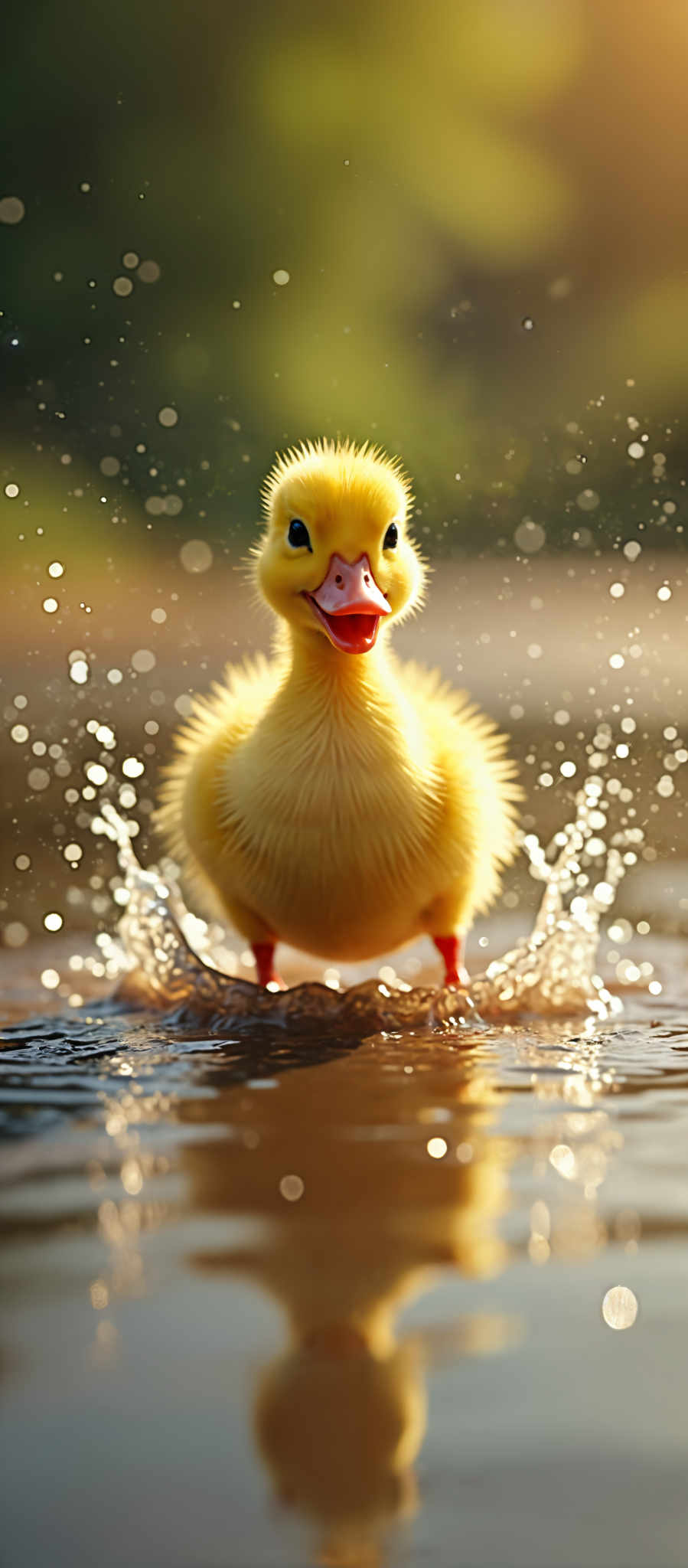 A yellow duck with a red beak and feet is sitting in a body of water. The duck is looking directly at the camera and has a smile on its face. The water is splashing around the duck creating a lively scene. The background is blurred drawing focus to the duck.