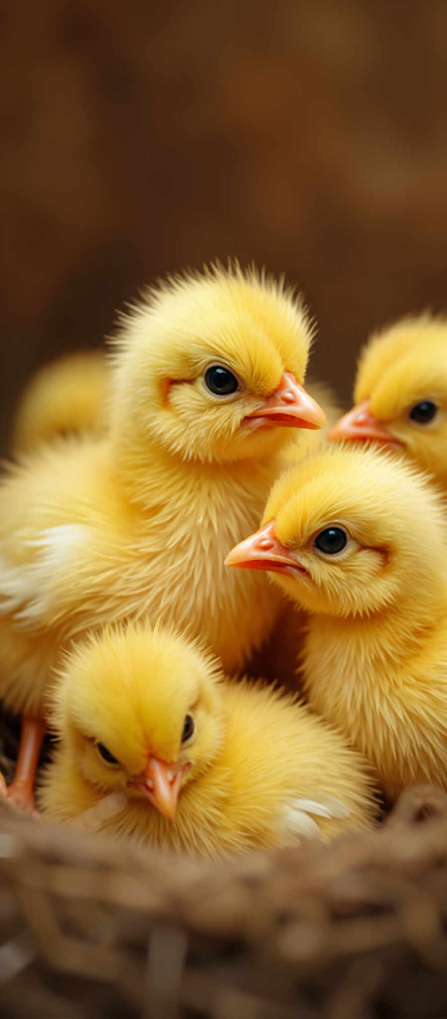 A group of yellow baby chicks with black eyes.