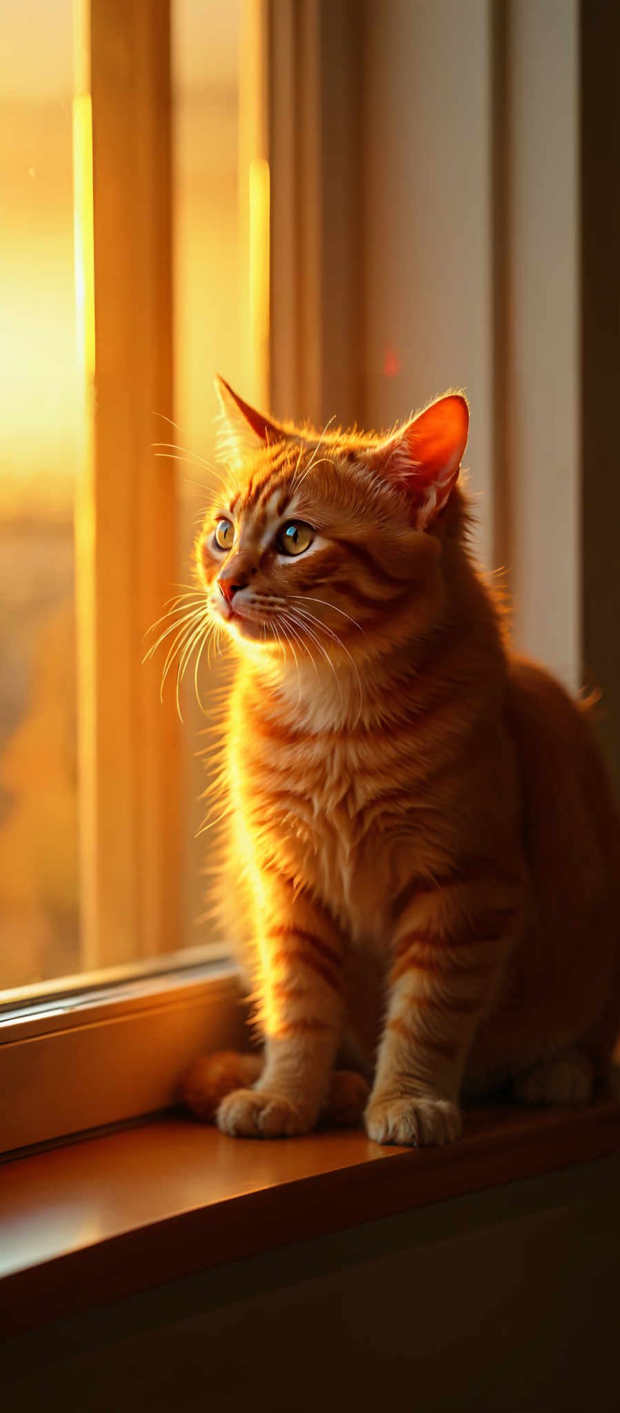 A cat with a yellow coat and white whiskers is sitting in a window. The cat is looking to the left and has a pink nose. The window is open and the cat is sitting on the sill. The background is a blurred view of a city street.