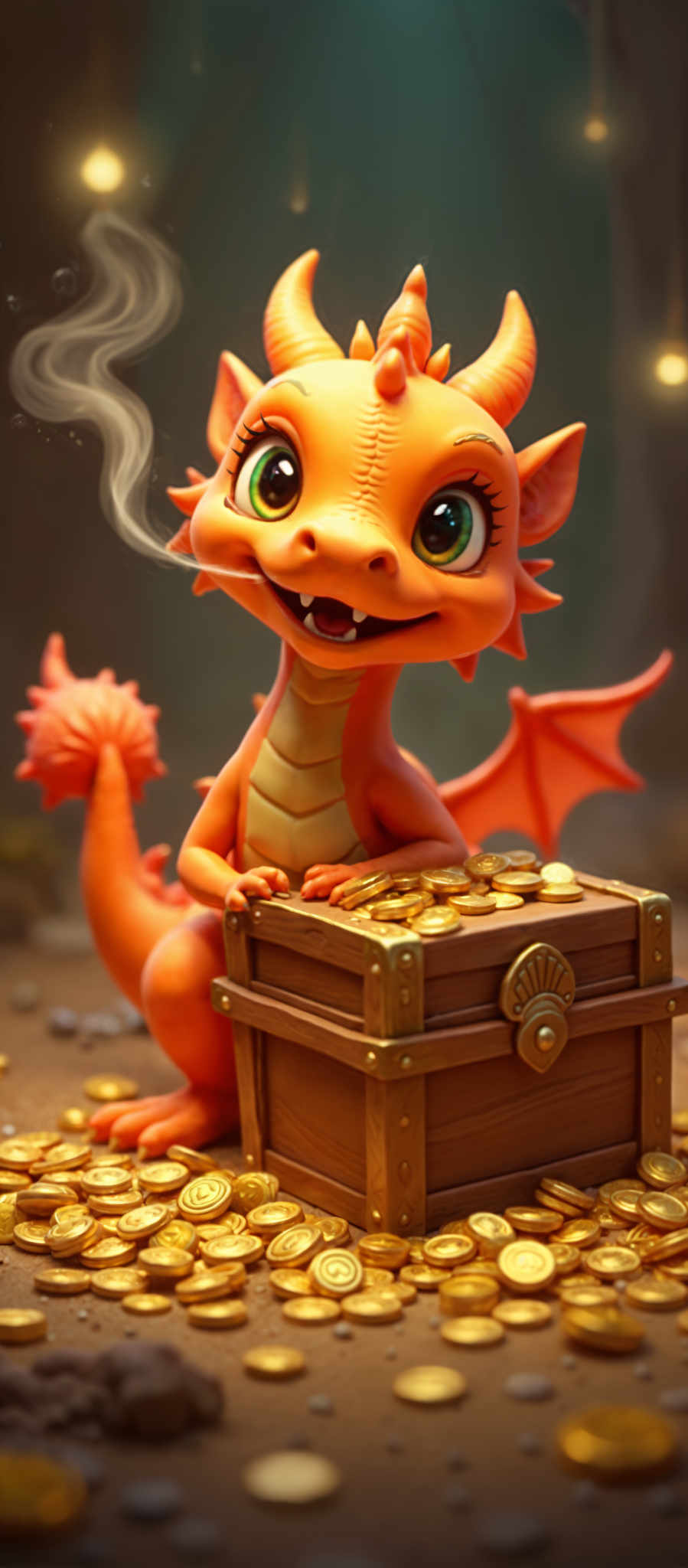 A cartoon dragon is sitting on a pile of gold coins. The dragon is orange and has a big smile on its face. It is holding a treasure chest in its lap. The treasure chest is brown and has gold coins spilling out of it. The background is dark and has red and gold sparks flying around. The image is a cartoon.