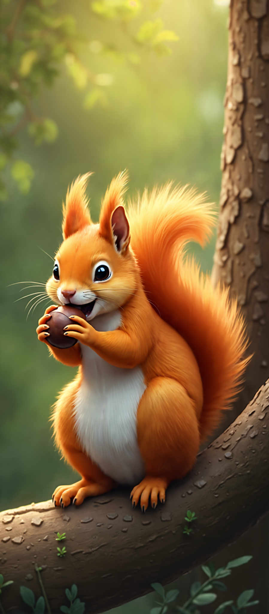 A cartoon squirrel with a brown and white body is eating a brown acorn.