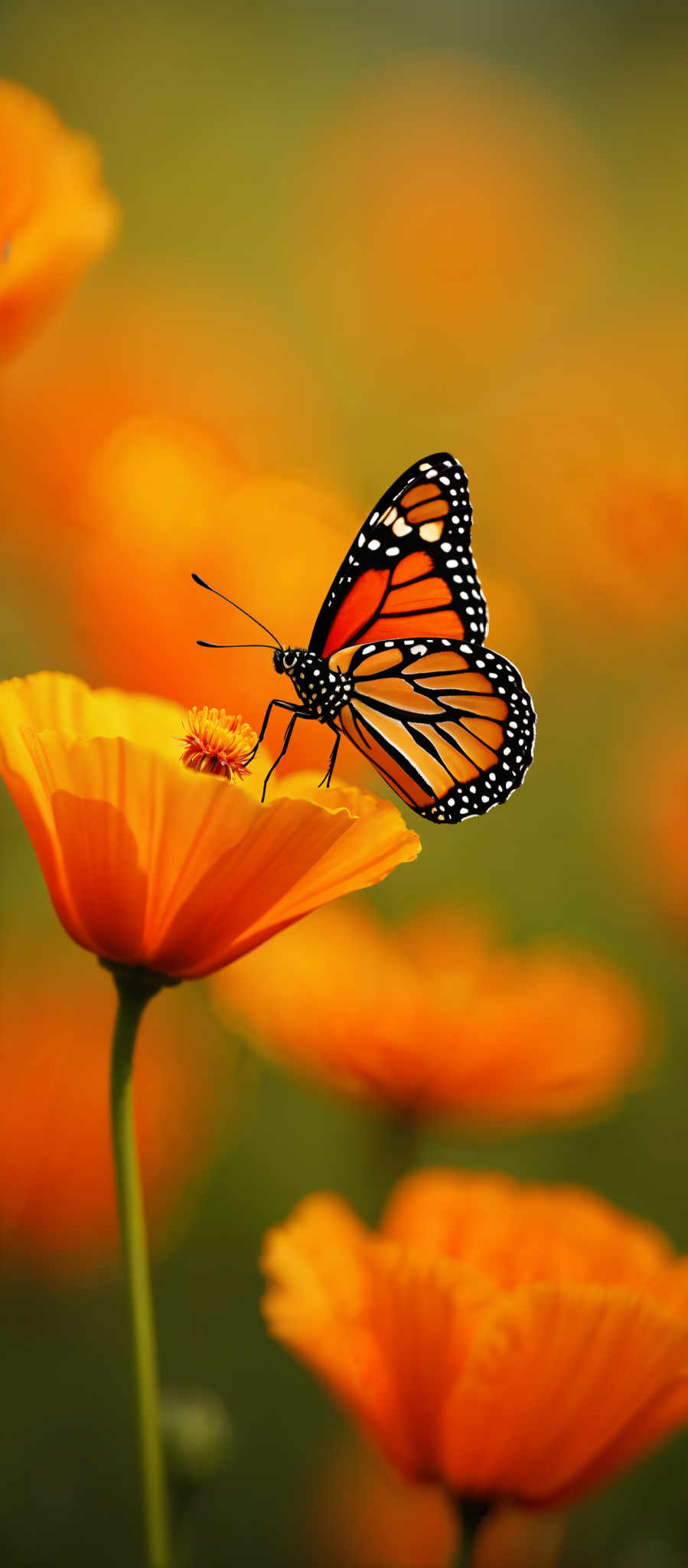 A butterfly with orange wings and black spots is flying over a yellow flower.