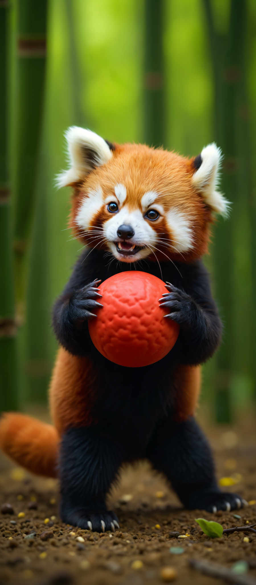 A red and black ball is held by a red and white panda.