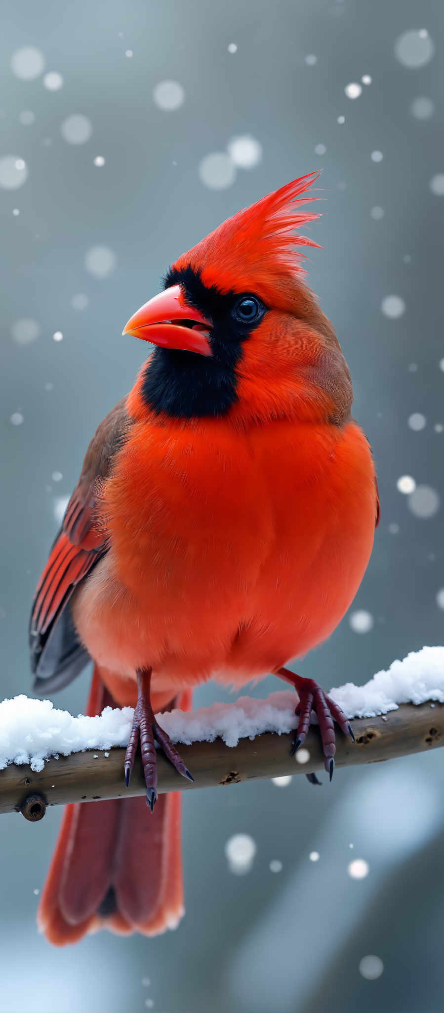 A red bird with a black beak and a black stripe on its head is perched on a snowy branch.