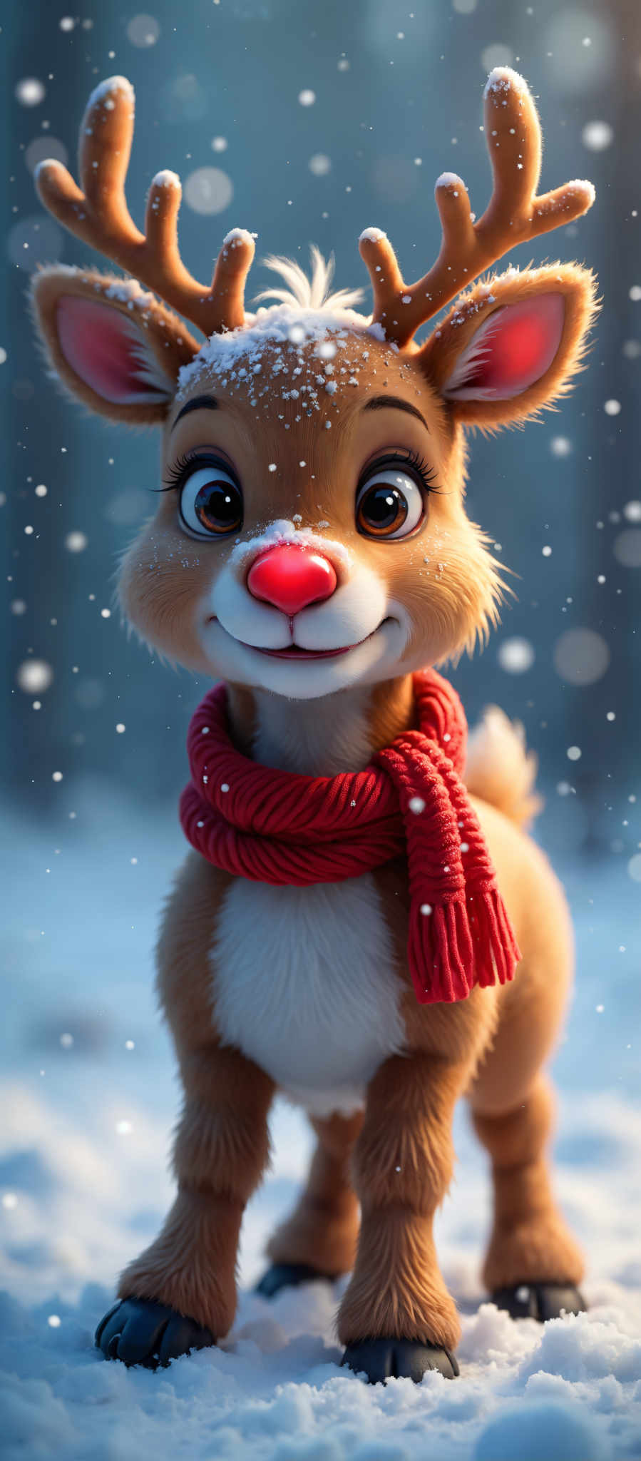 A cute cartoon rabbit with a red nose and a red scarf.