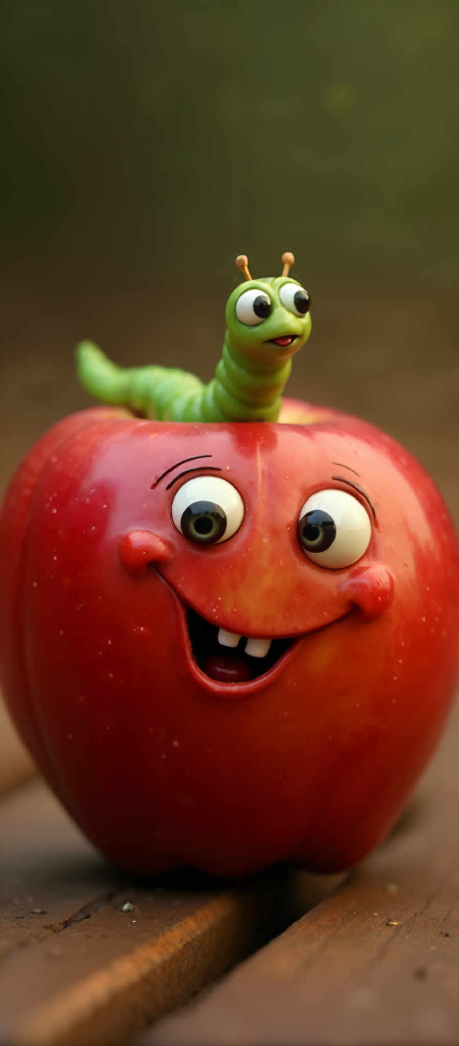 A cartoon apple with a green worm on top. The apple has a face with a big smile and two eyes. The worm is green and has a red tongue sticking out.