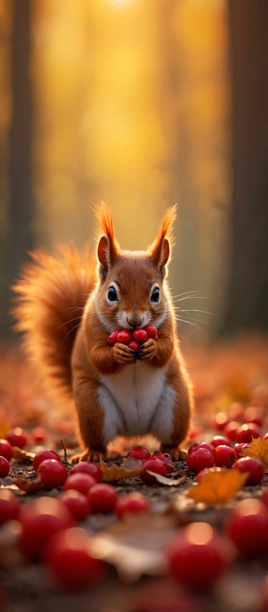 A red squirrel holding a bunch of red berries.