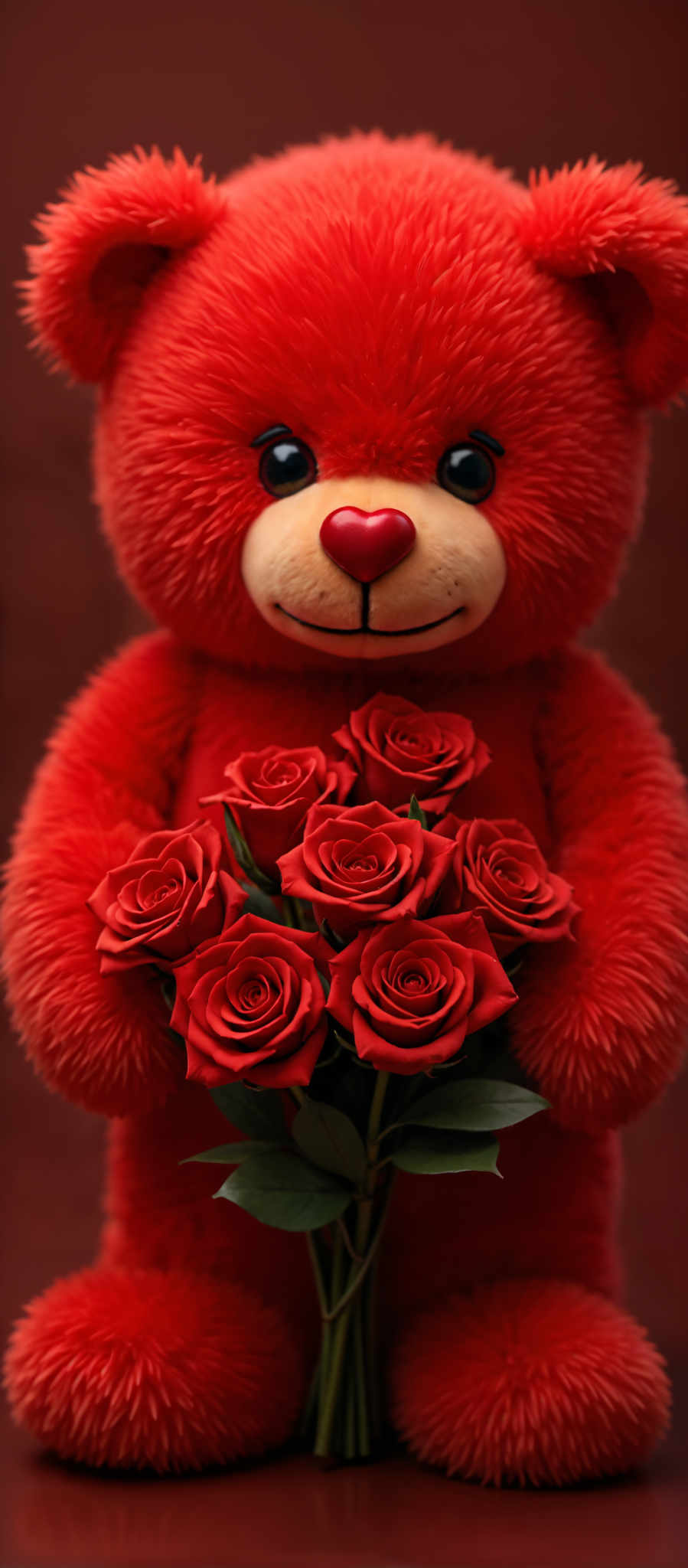 A red teddy bear holding a bouquet of red roses.