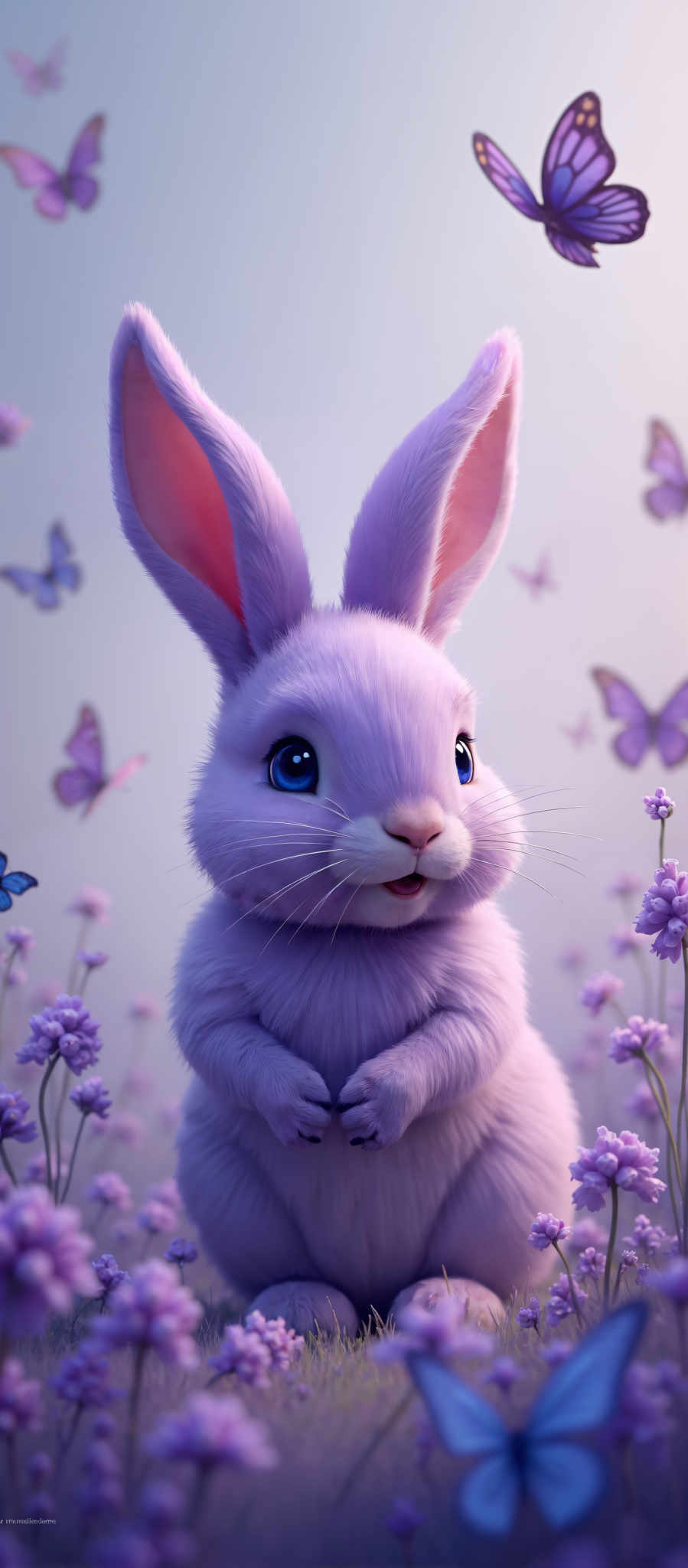 A purple bunny with blue eyes is sitting in a field of purple flowers.