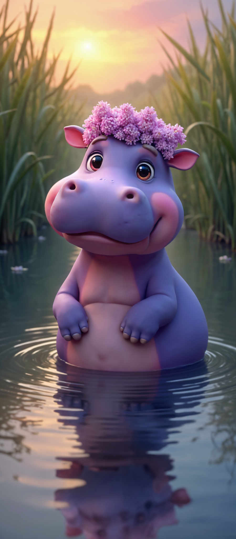 A cartoon hippo with a purple body and pink spots is sitting in a body of water. The hippo has a big smile on its face and is wearing a flower in its hair. The water is surrounded by green plants.