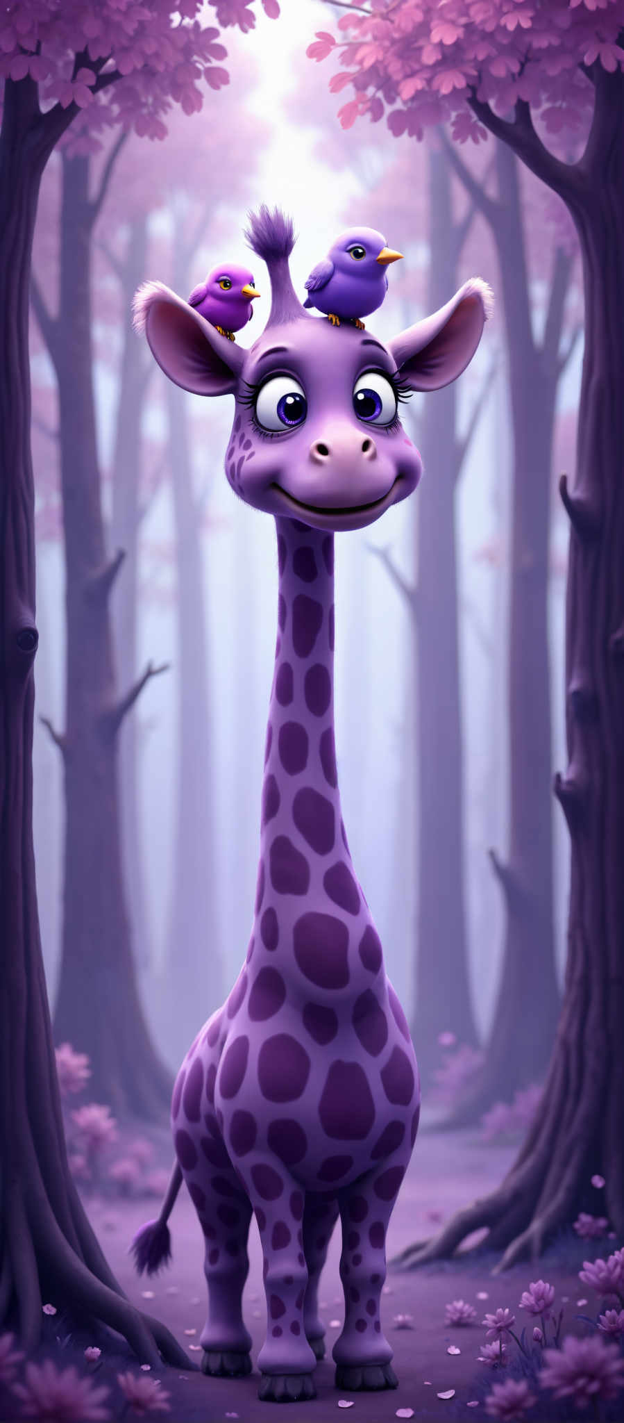 A purple giraffe with a big smile and long eyelashes.