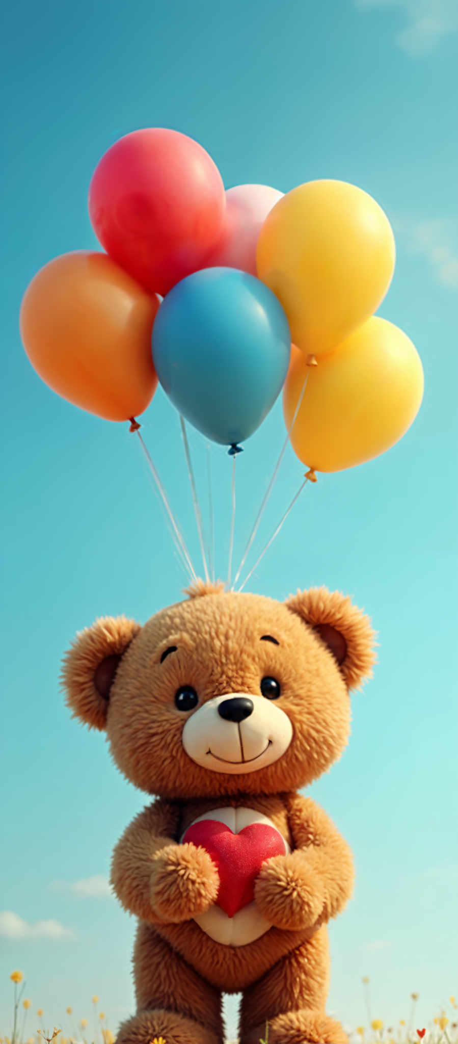 A teddy bear is holding a bunch of colorful balloons.