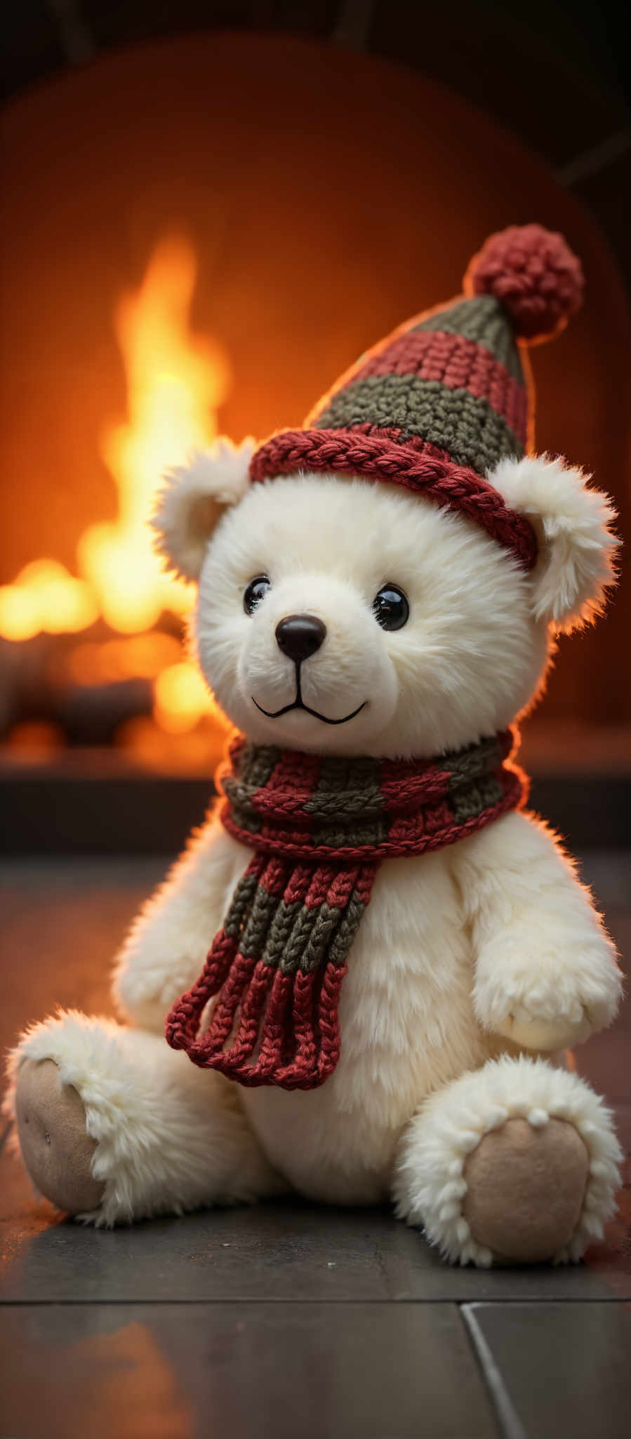 A white teddy bear wearing a red and green striped hat and scarf.