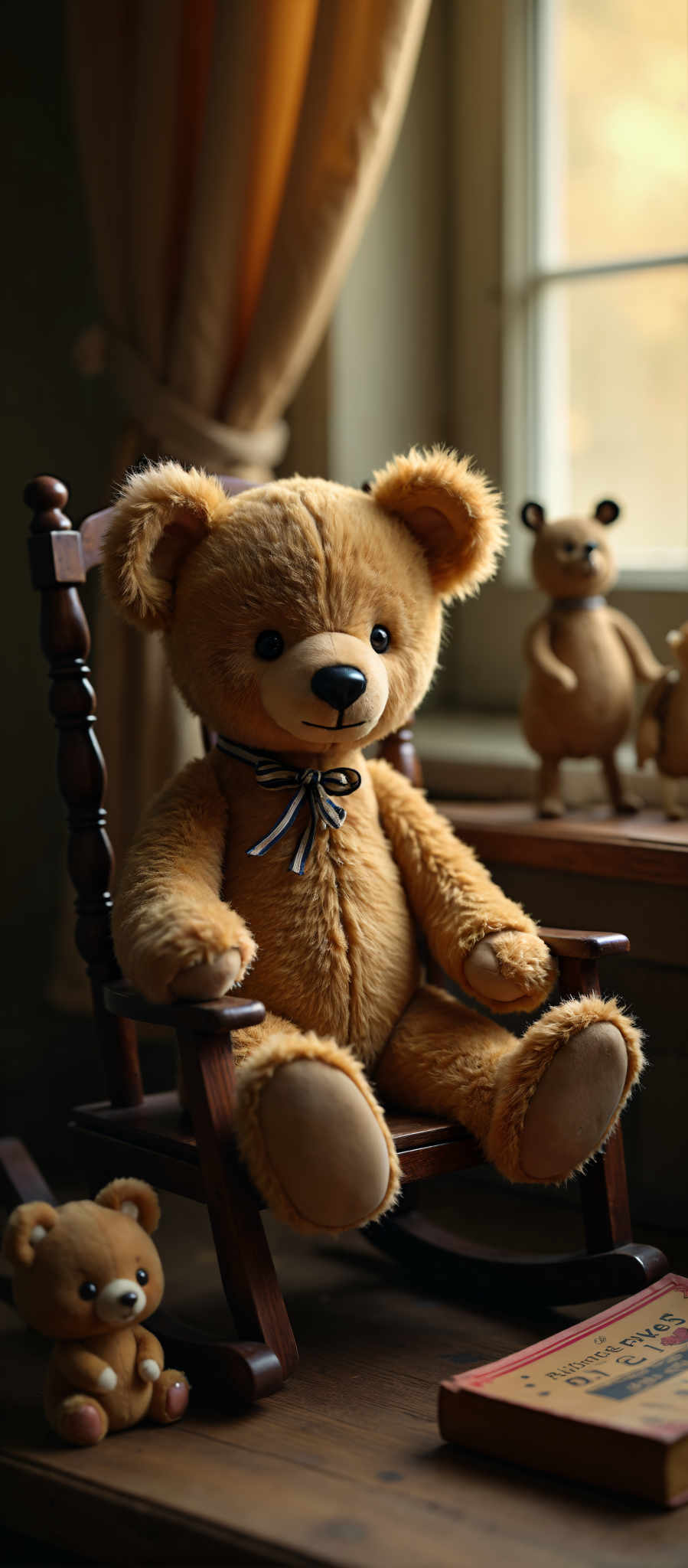 A brown teddy bear with a blue ribbon around its neck sits in a wooden chair.