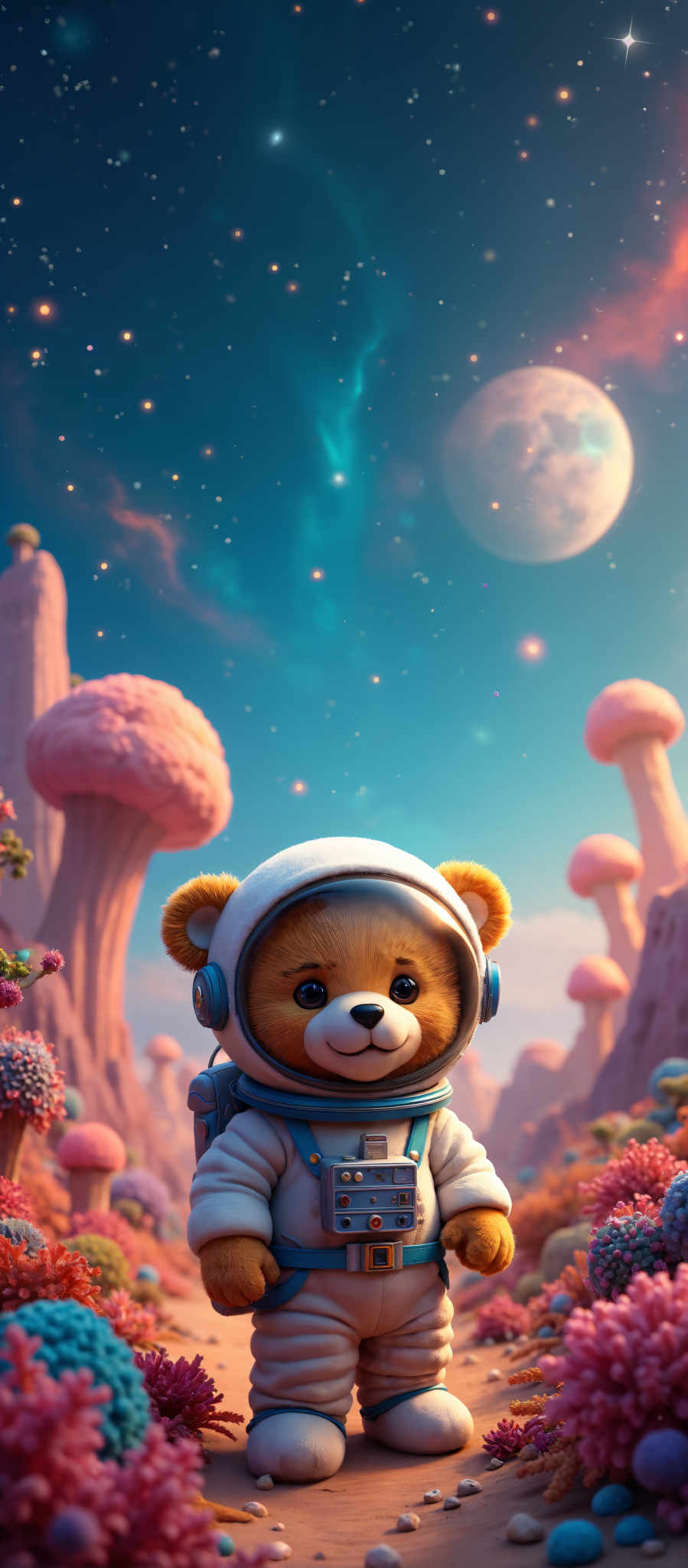 A teddy bear astronaut in a space setting.