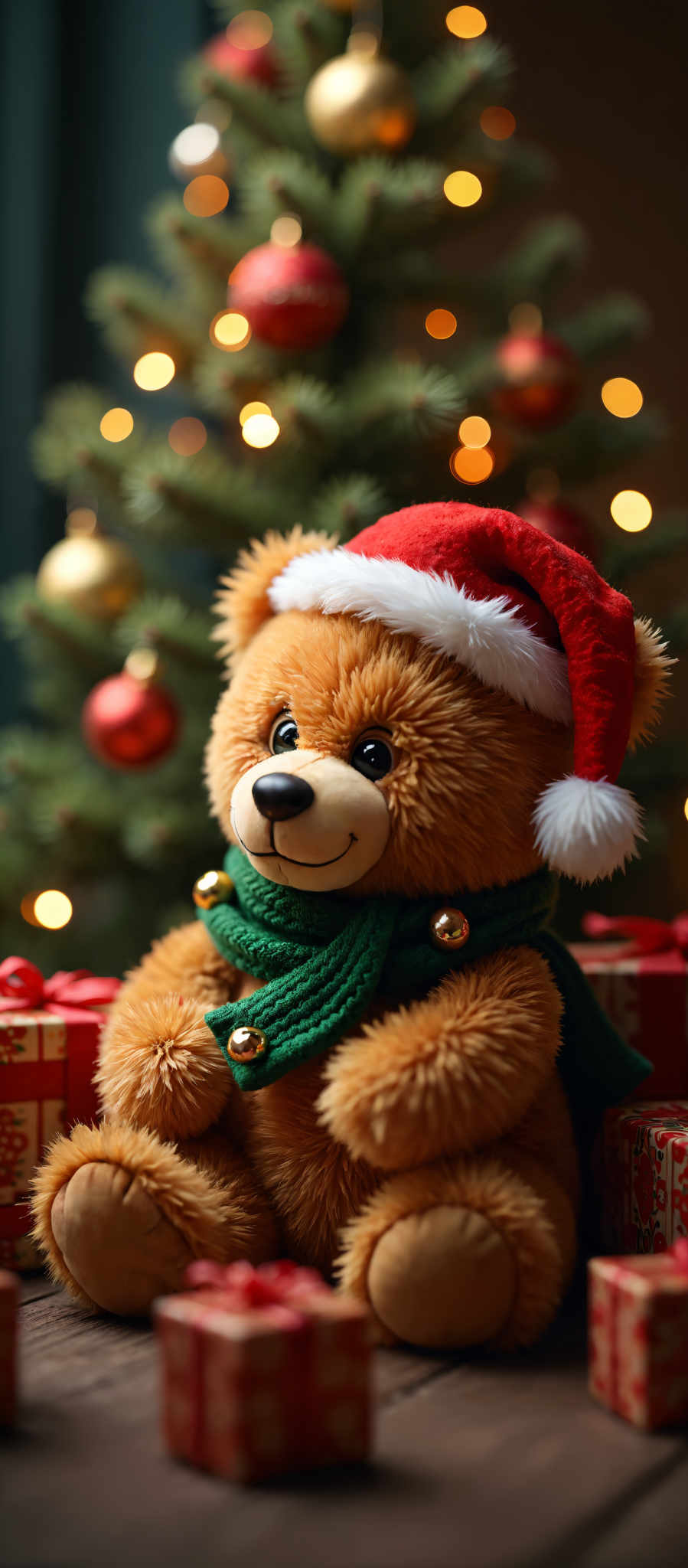 A brown teddy bear wearing a red Santa hat and a green scarf.