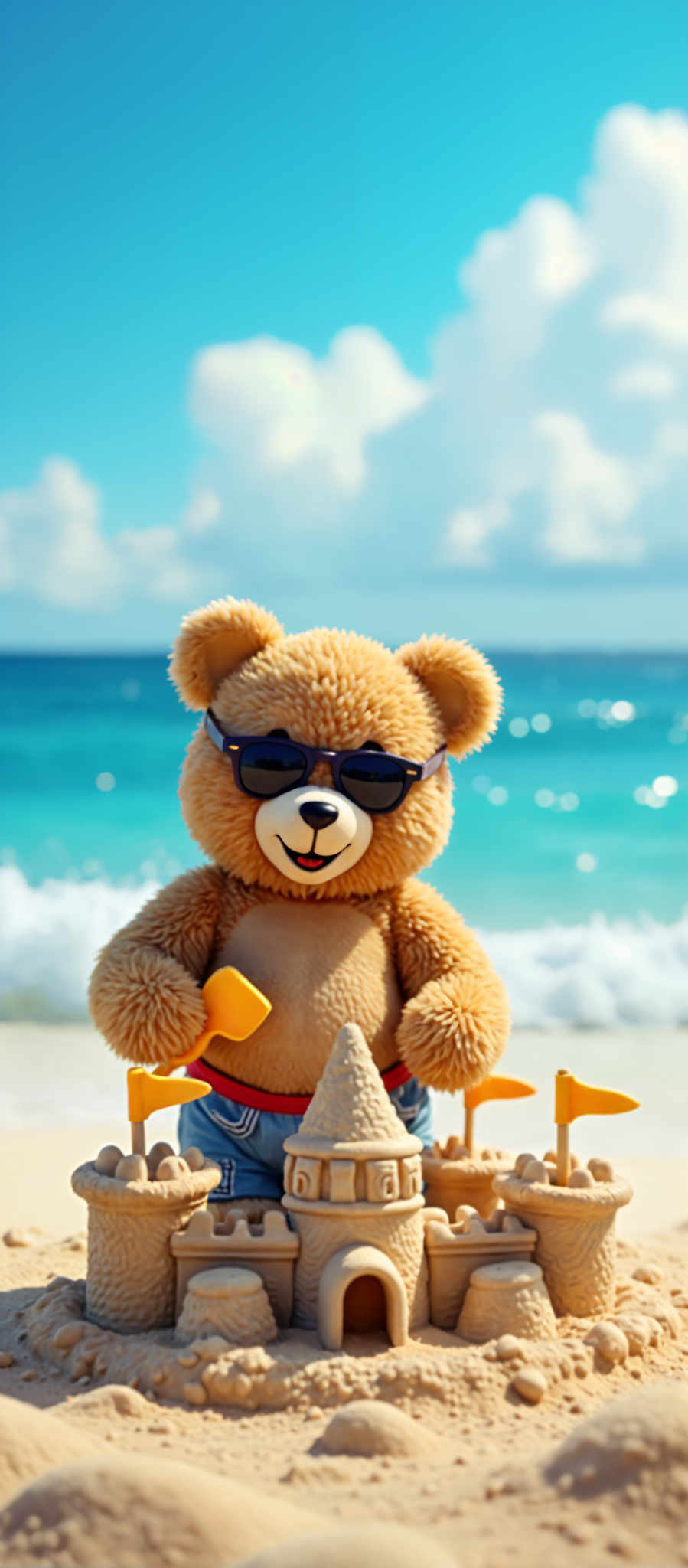 A teddy bear wearing sunglasses and a red belt is standing on a beach.