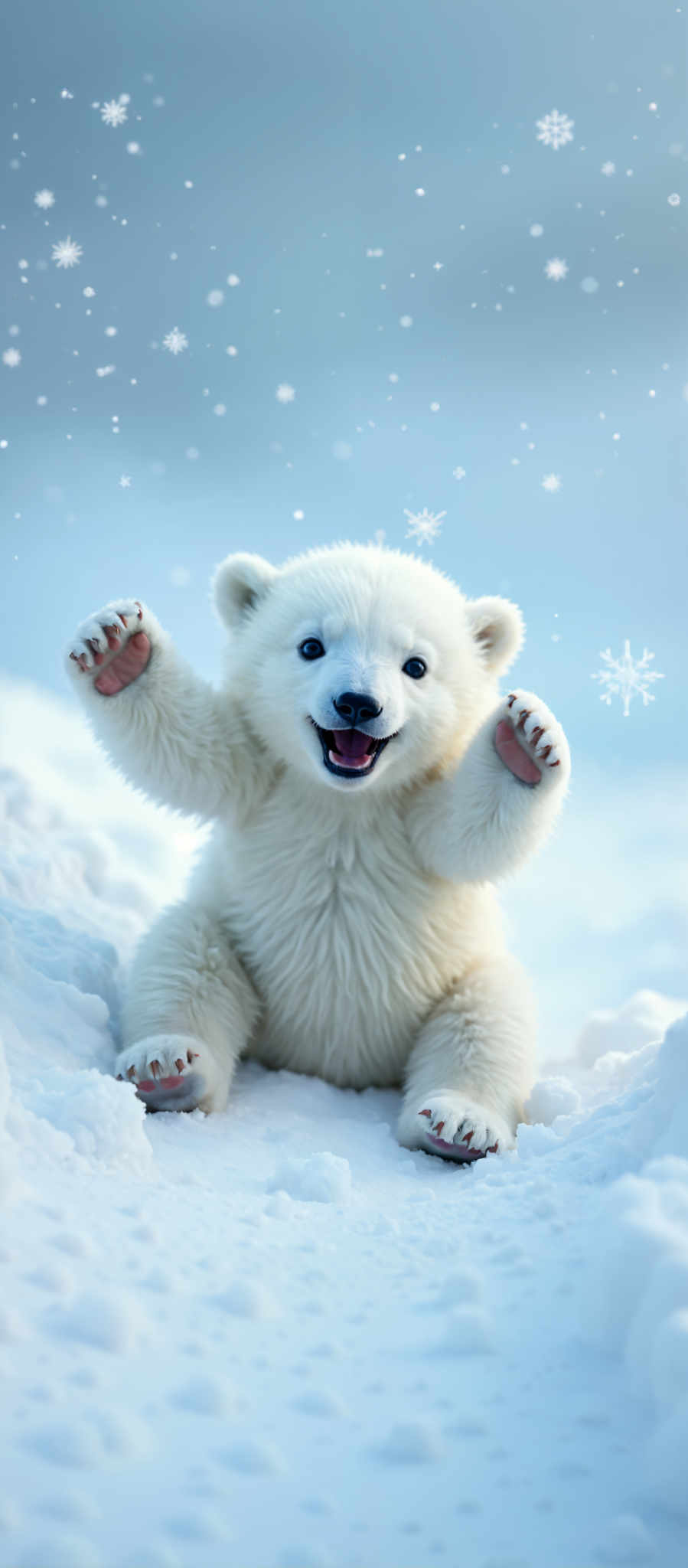 A white polar bear is sitting in the snow with its arms raised.