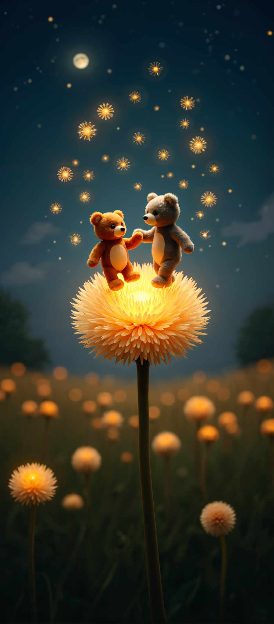 Two teddy bears are flying above a flower.