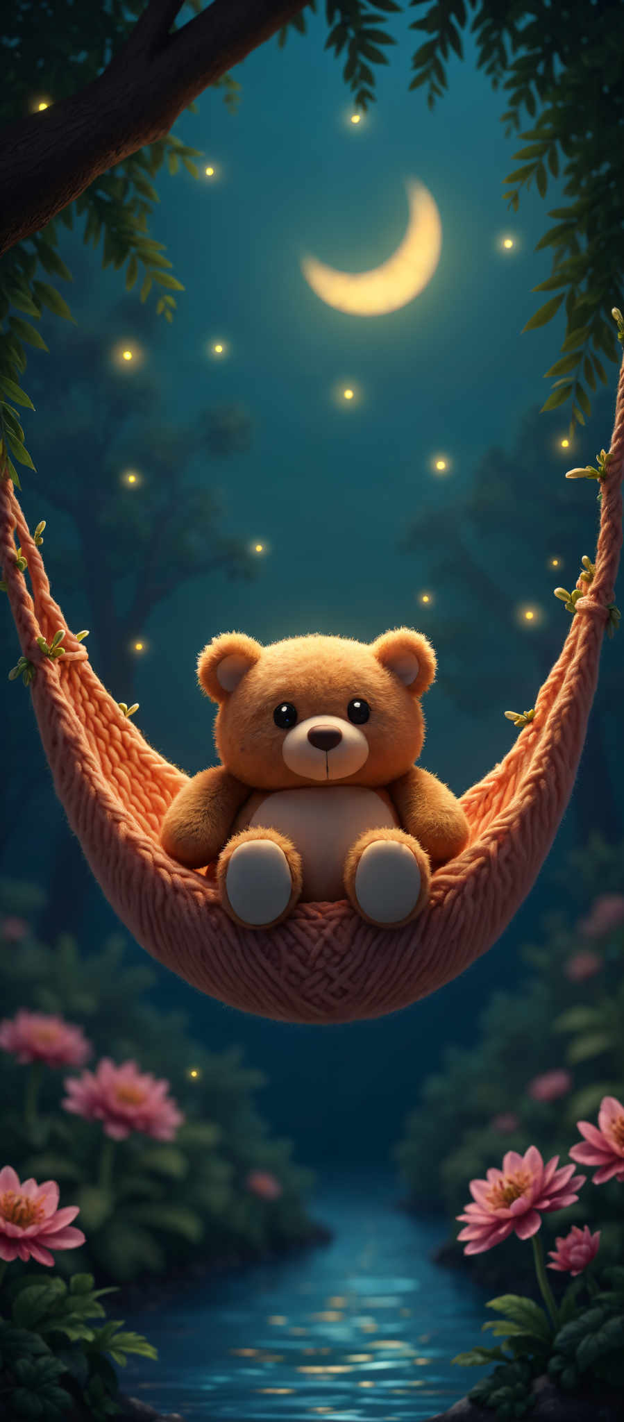 A brown teddy bear is sitting in a hammock.