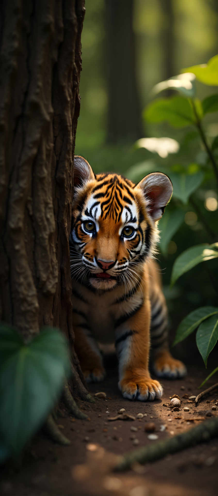 A young tiger with a black and orange striped face is peeking out from behind a tree. The tiger's eyes are wide open and it appears to be looking directly at the camera. The tree trunk is brown and the leaves are green. The background is filled with more trees and foliage. The image does not contain any text. The relative position of the tiger to the tree is that the tiger is standing behind the tree partially hidden. The camera is in front of the tree and the tiger. The trees in the background are further away. The foliage is scattered throughout the background. The colors in the image are predominantly green and brown. The number of objects in the photo is one tiger and one tree. There are no other objects visible in the photograph. The actions in the picture are static with the tiger appearing to be still and the tree being stationary. The precise location of the objects is not specified in the description. The description does not include any aesthetic descriptions. The focus of the description is on the factual content of the photo.