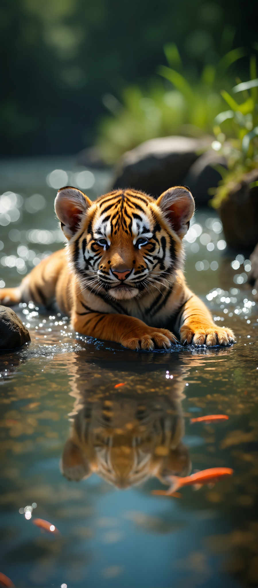 A young tiger cub is seen swimming in a body of water. The tiger with its distinctive orange and black stripes is facing the camera giving us a clear view of its features. Its eyes are wide open reflecting the light from the water. In the background rocks can be seen adding to the natural setting of the scene. The image captures a moment of tranquility and beauty in the wild.