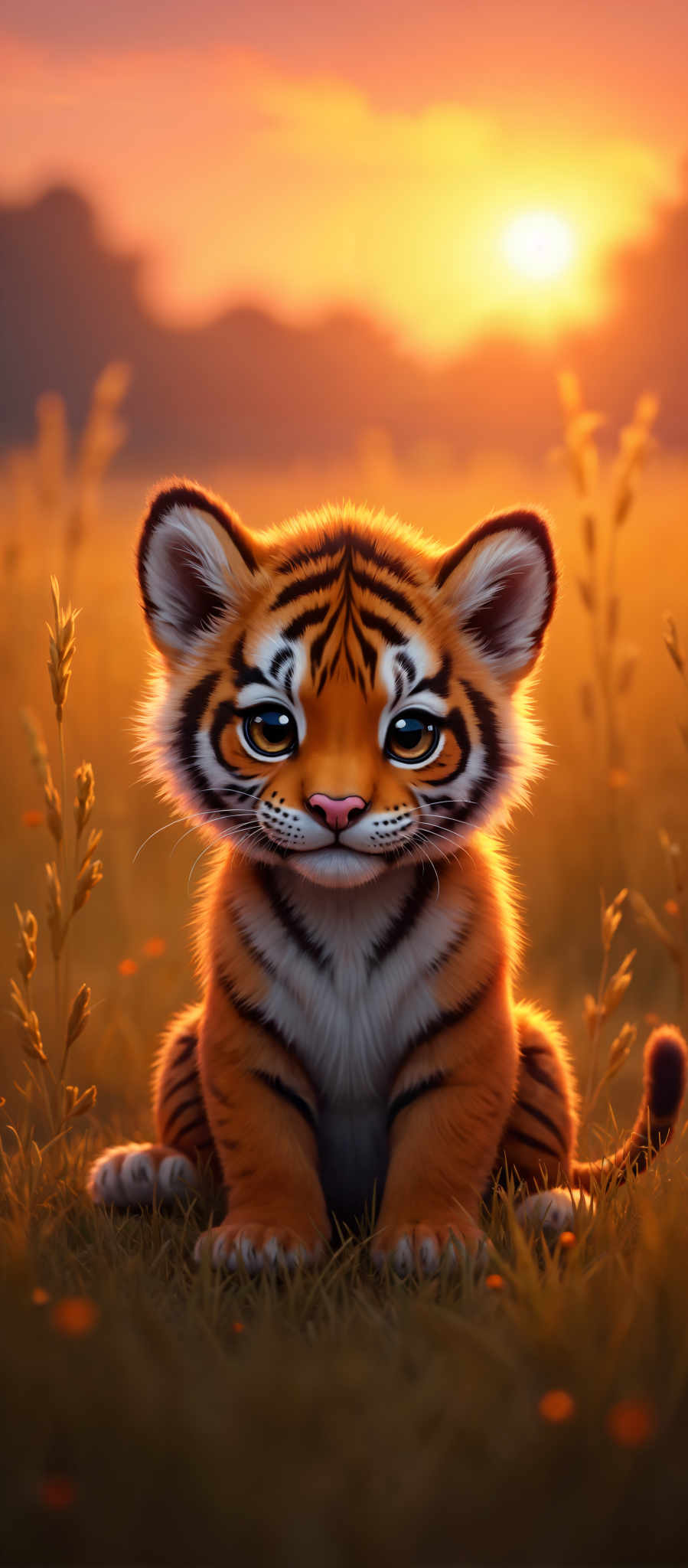 A young tiger with a pink nose and blue eyes is sitting in a field of tall grass.