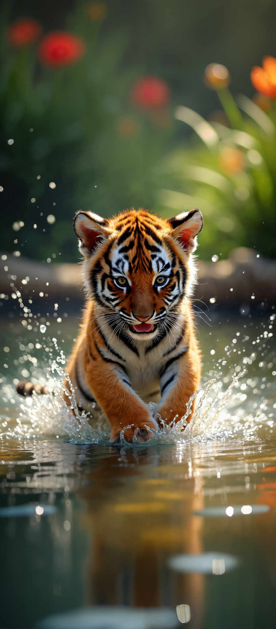 A young tiger cub is captured in the midst of a playful splash in a body of water. The tiger with its vibrant orange and black stripes is the focal point of the scene. Its mouth is open perhaps in mid-roar or simply enjoying the cool water. 

The water itself is a light blue-green color reflecting the tiger's image back at us. It's not just the tiger that's in the water though. There are also small ripples and splashes around it evidence of the playful tiger's antics.

In the background there's a blurred greenery providing a natural backdrop to this charming scene. The greenery is out of focus ensuring that the tiger remains the main subject of the photo.

Overall this image captures a moment of joy and playfulness in the wild with the young tiger as the star of the show.