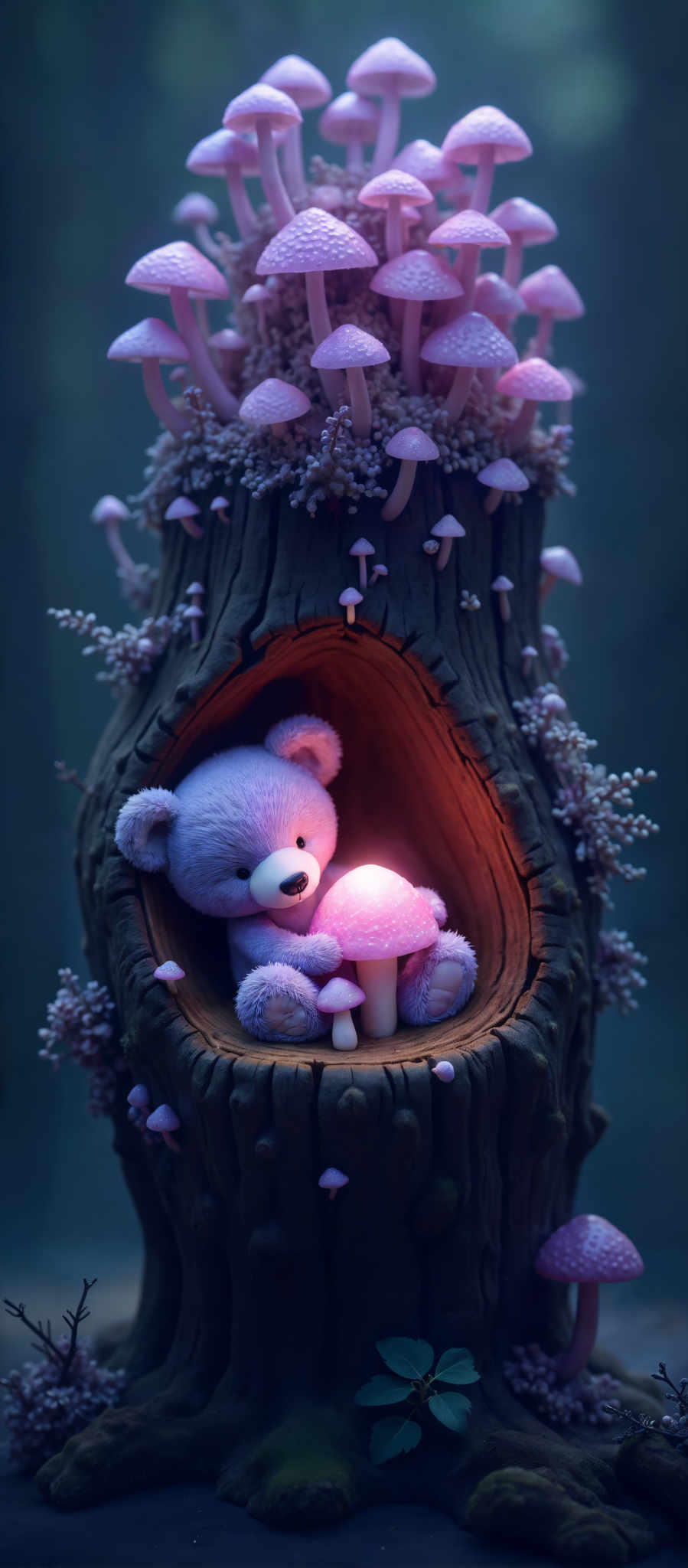 A purple teddy bear sits in a hollowed out tree trunk surrounded by mushrooms.