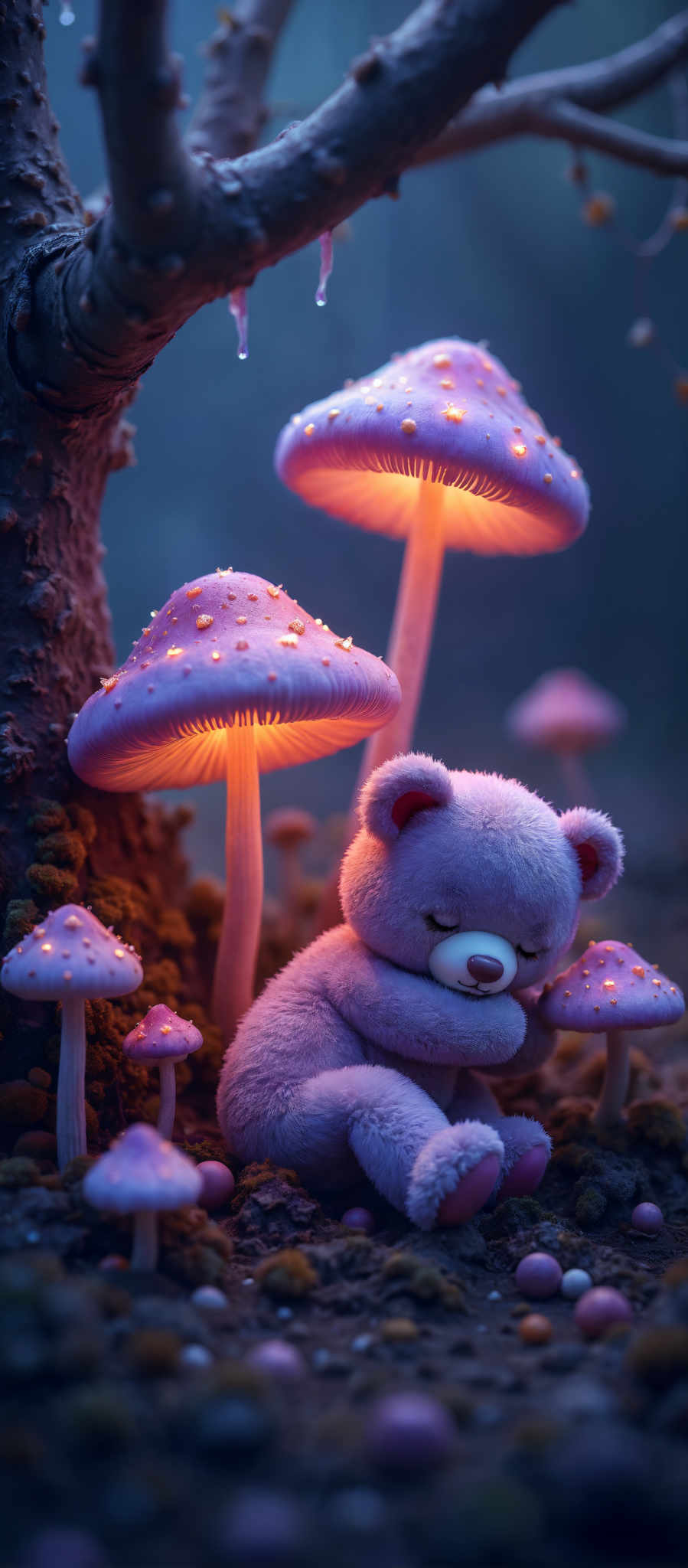 A blue teddy bear is surrounded by purple mushrooms.