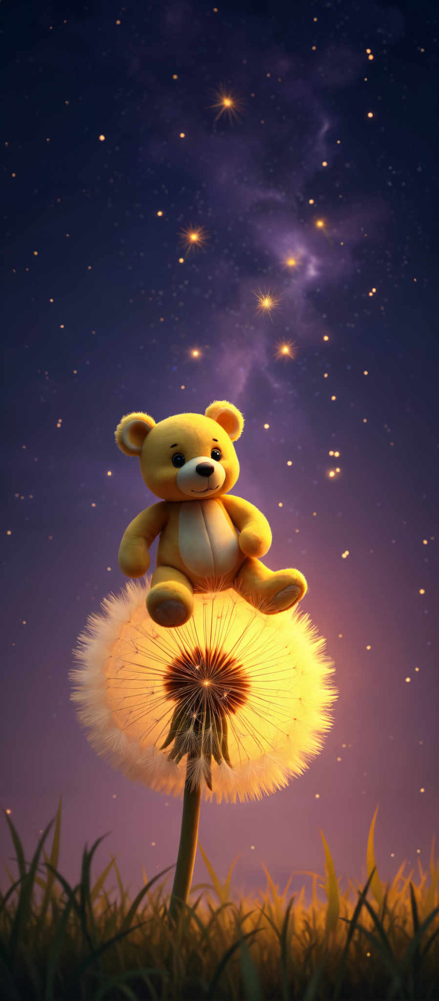 A yellow teddy bear is sitting on a glowing ball of light.