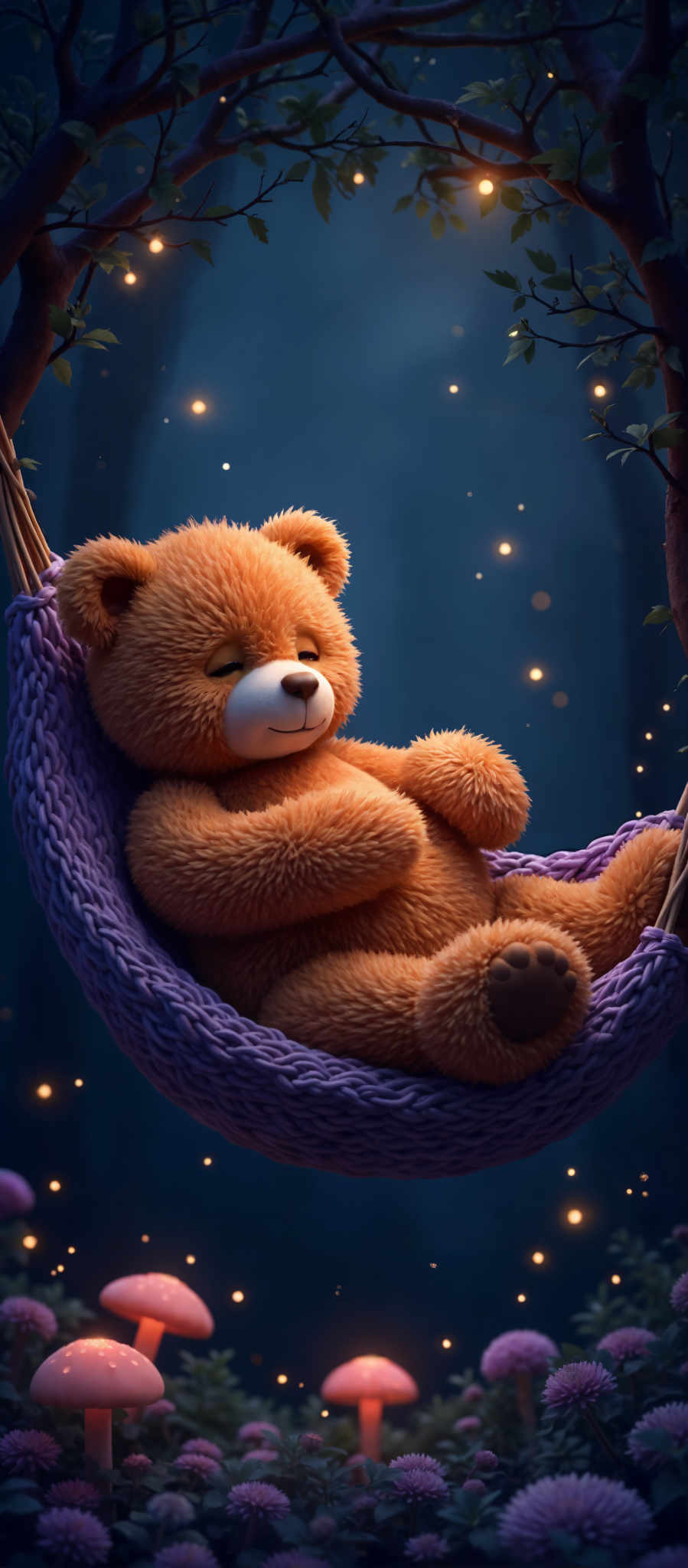 A brown teddy bear is sitting in a purple hammock. The teddy is smiling and has its arms crossed. The hammock is hanging from a tree branch. The background is a dark blue with stars.