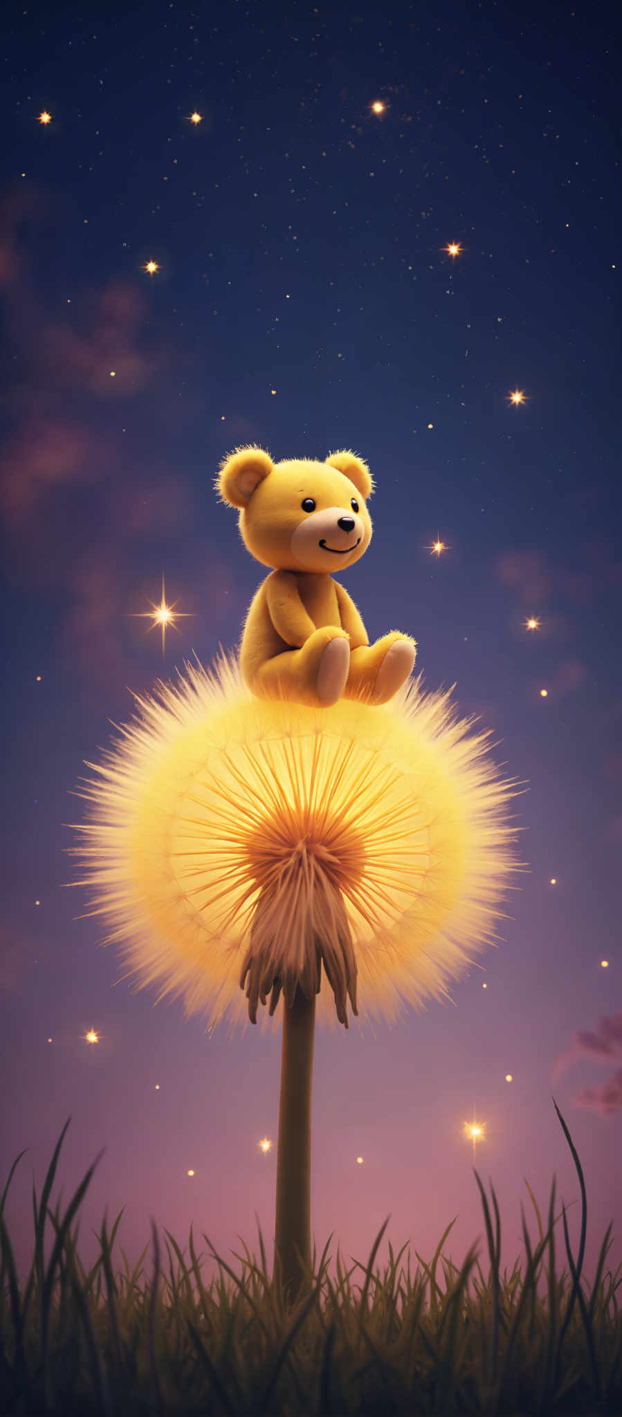 A yellow teddy bear sits atop a large yellow flower. The bear is smiling and appears to be enjoying the view from its elevated position. The flower with its numerous petals is the main focus of the scene. The background is a dark blue dotted with stars adding a sense of depth and vastness to the image.

The teddy bears arms are stretched out to the sides as if it's embracing the world around it. The positioning of the bear and the flower gives the impression that the bear is floating in the sky. The stars in the background seem to be scattered randomly creating a sense that the scene is set in a night sky.

The image does not contain any text or other discernible objects. The relative position of the objects is such that the teddy is on top of the flower and both are set against the starry sky. There are no other objects to compare positions with. The image is a simple yet charming depiction of a teddy on a flower set against a starry night sky.