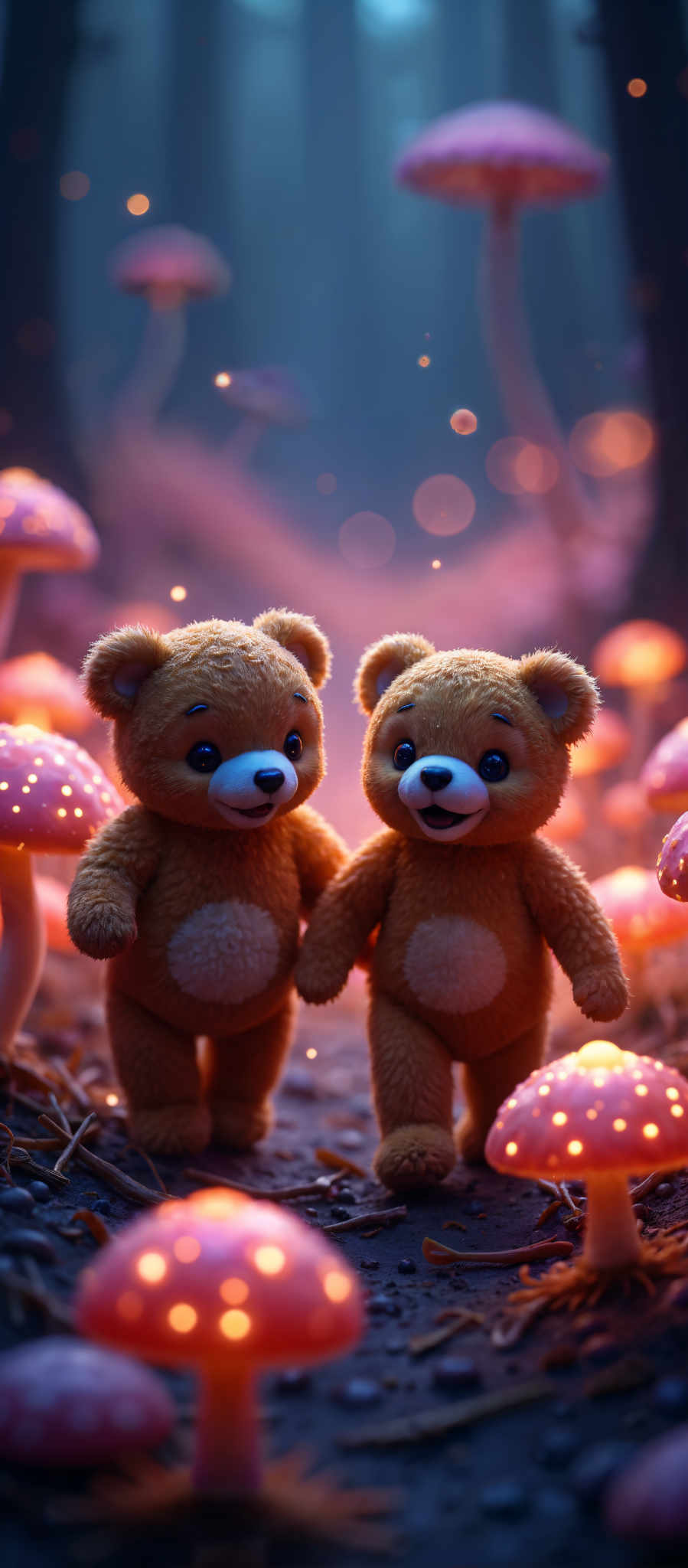 Two teddy bears standing in a forest of pink mushrooms.