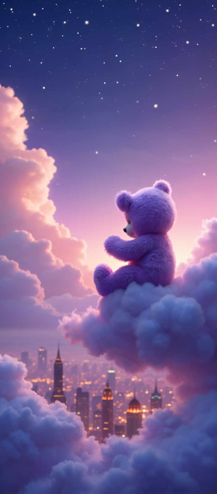 A purple teddy bear sits on a cloud in a city skyline at sunset.