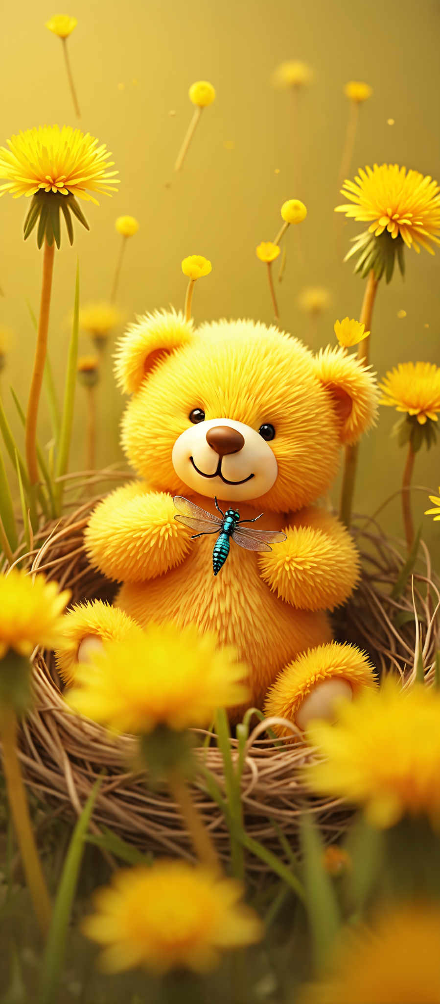 A yellow teddy bear with a blue butterfly on its chest.