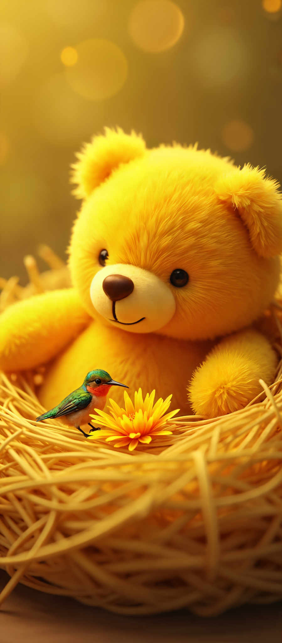 A yellow teddy bear sits in a nest of straw with a small bird perched on a flower in front of it.