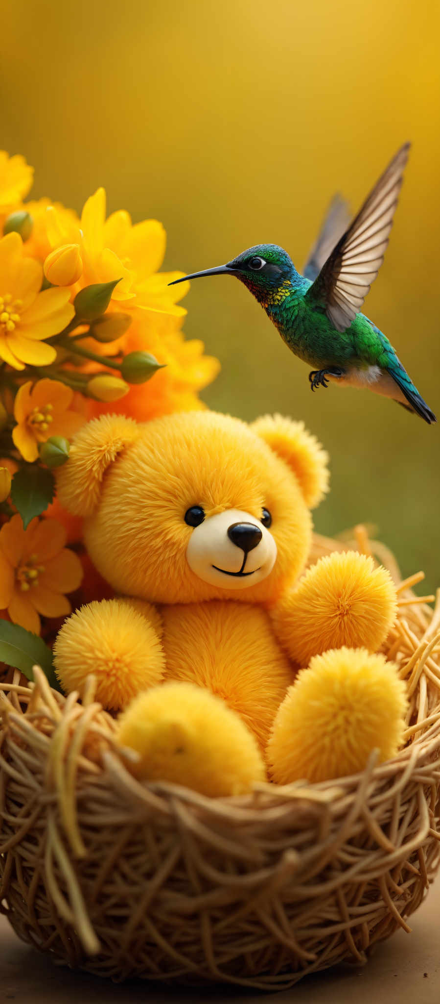 A yellow teddy bear with a black nose and eyes is sitting in a nest of yellow flowers. A green and blue bird is flying above the bear.