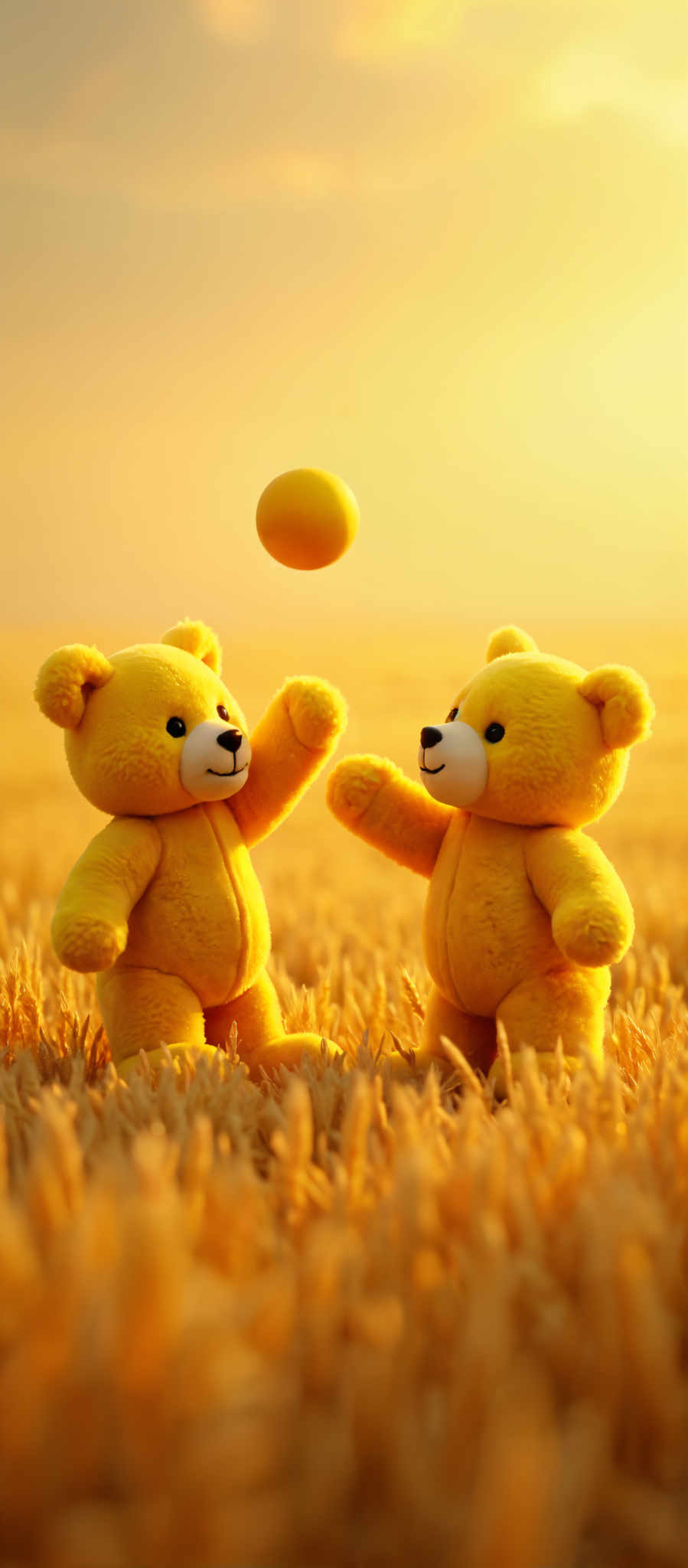 Two yellow teddy bears in a field of tall grass.