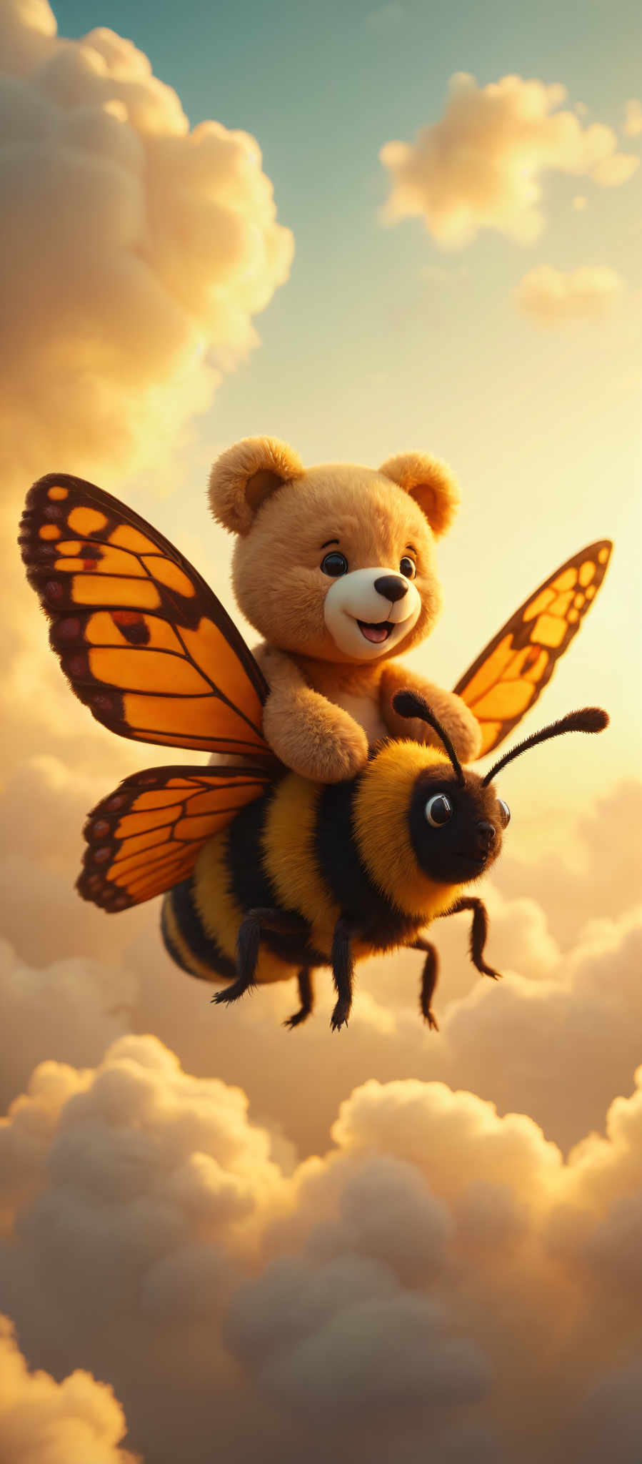 A teddy bear is riding a bee. The teddy is brown and the bee is black and yellow. They are flying in the sky.