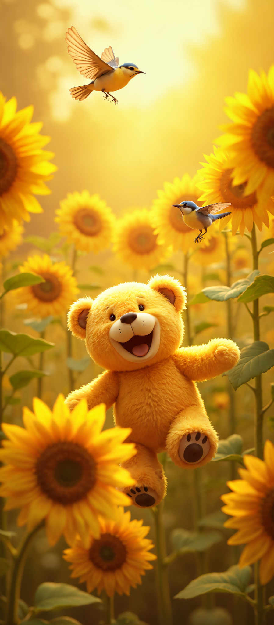 A yellow teddy bear is surrounded by sunflowers.